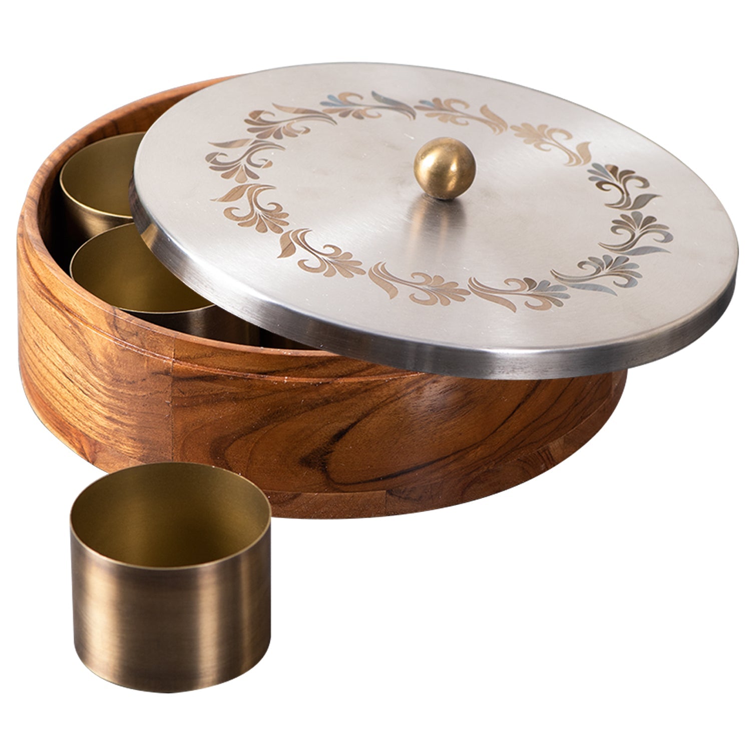 Inscribe Acacia Wood Masala Box - Silver