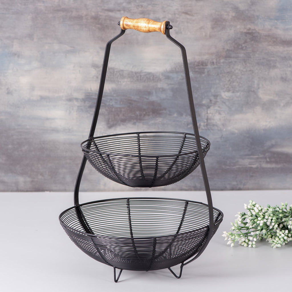 Cache tiered wire basket with knob in Black Color