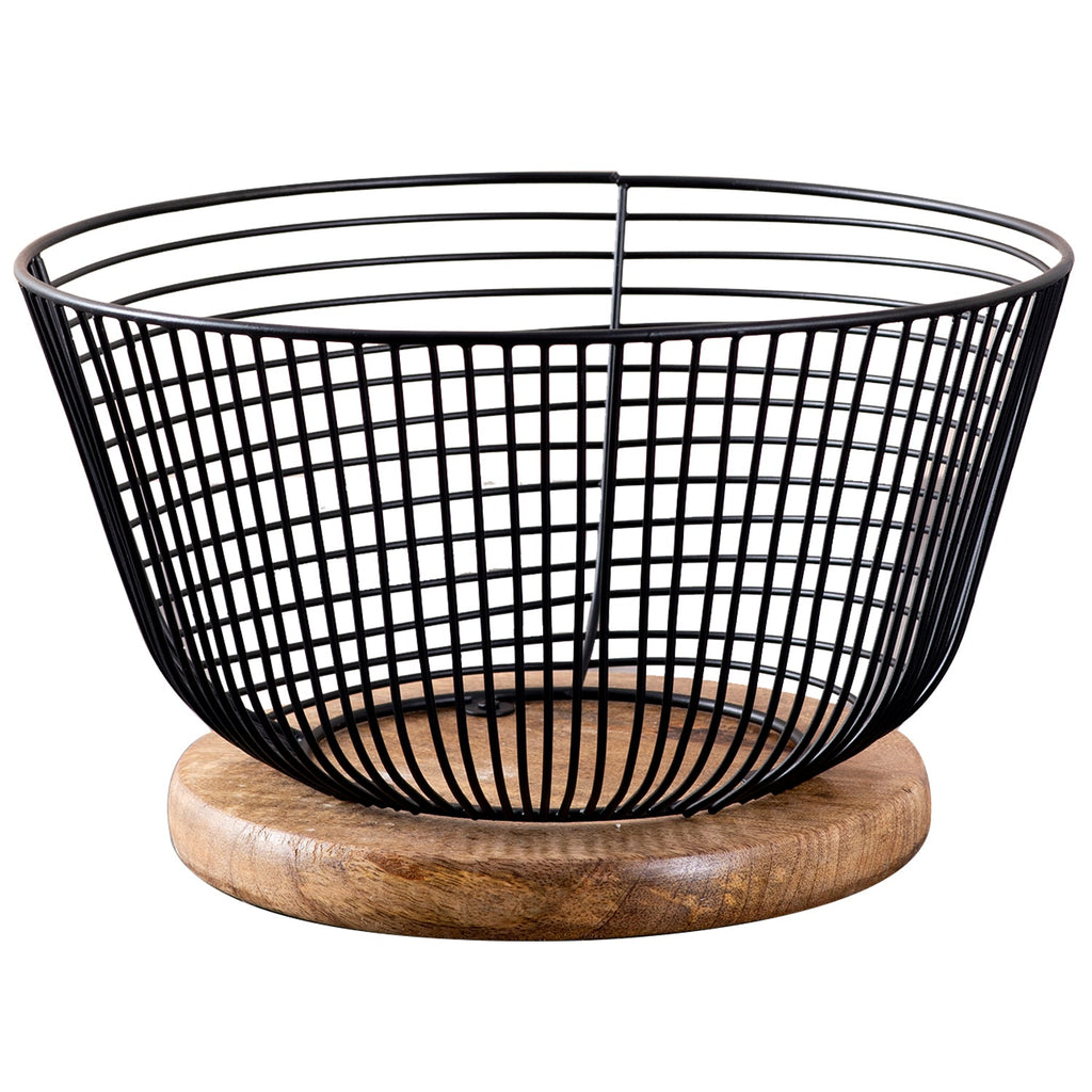 Cache wire basket with wooden base in Black Color