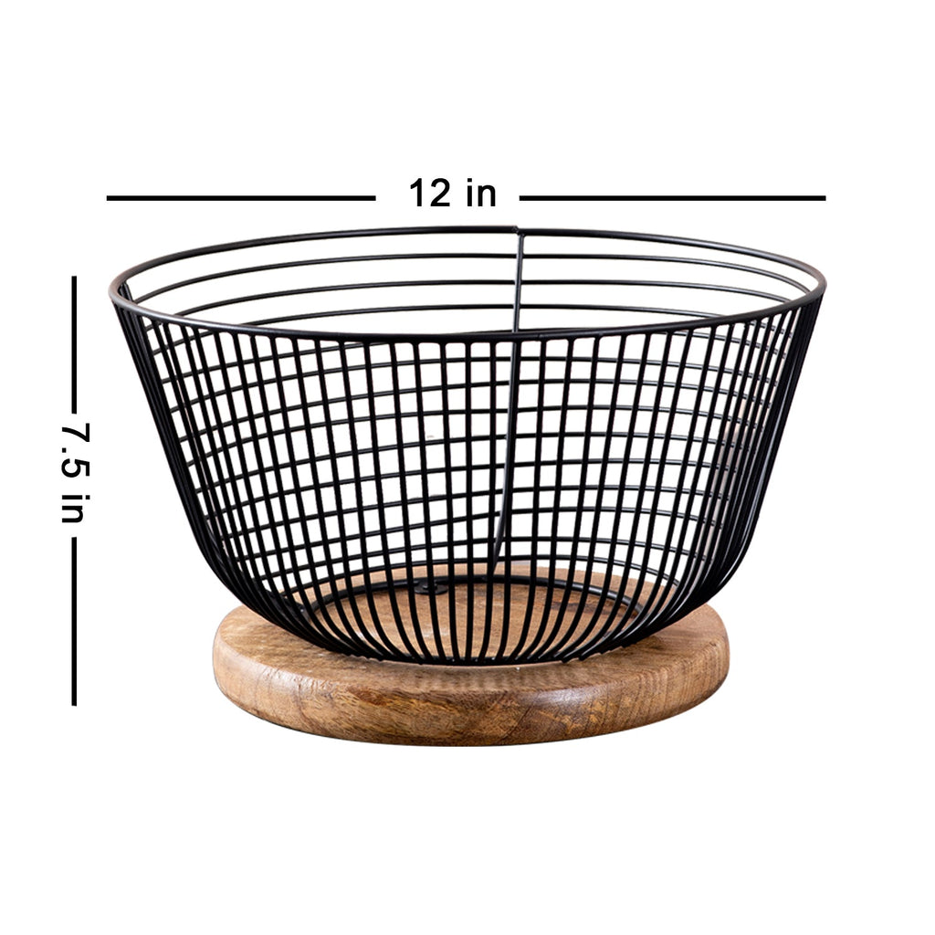Cache wire basket with wooden base in Black Color