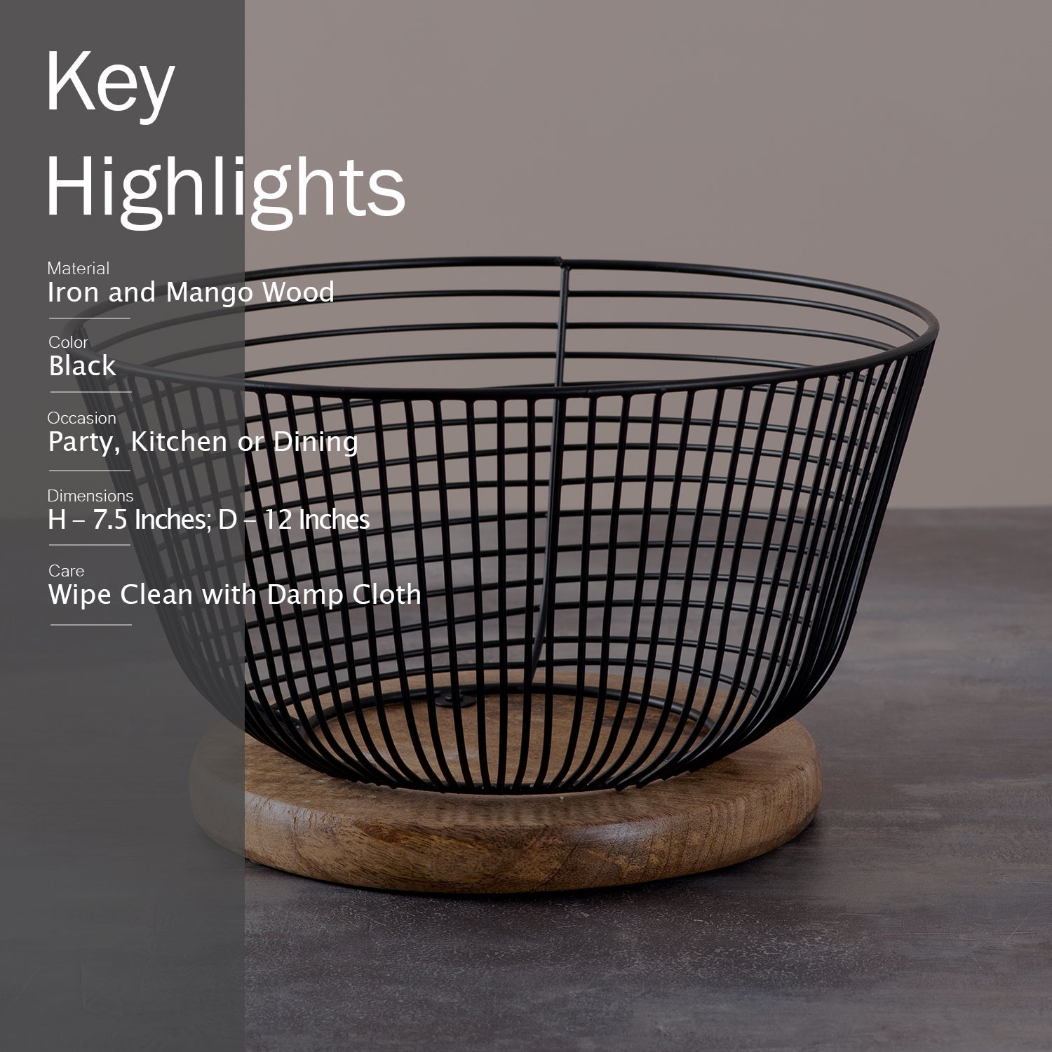 Cache wire basket with wooden base in Black Color