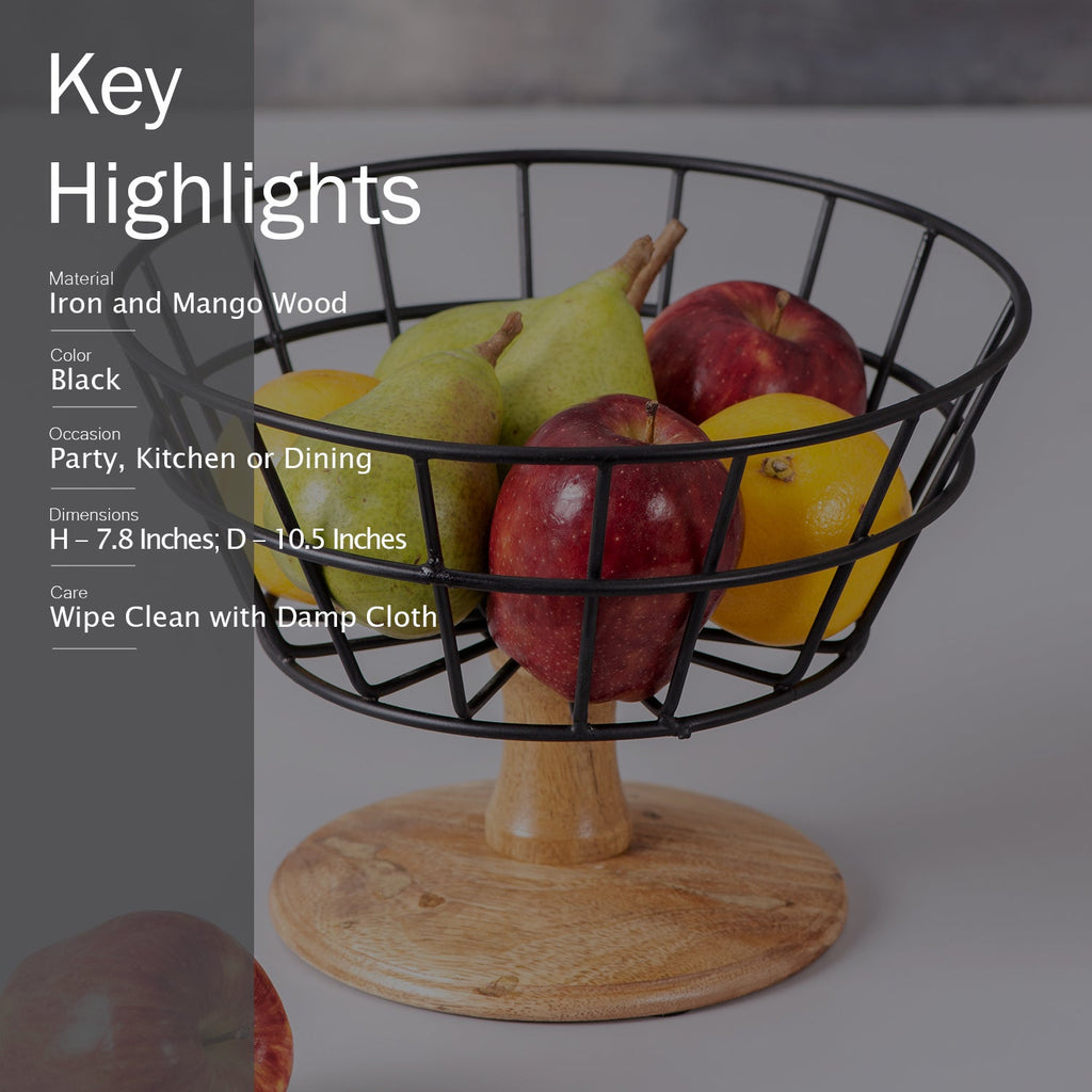 Cache wire basket with wooden stand in Black Color