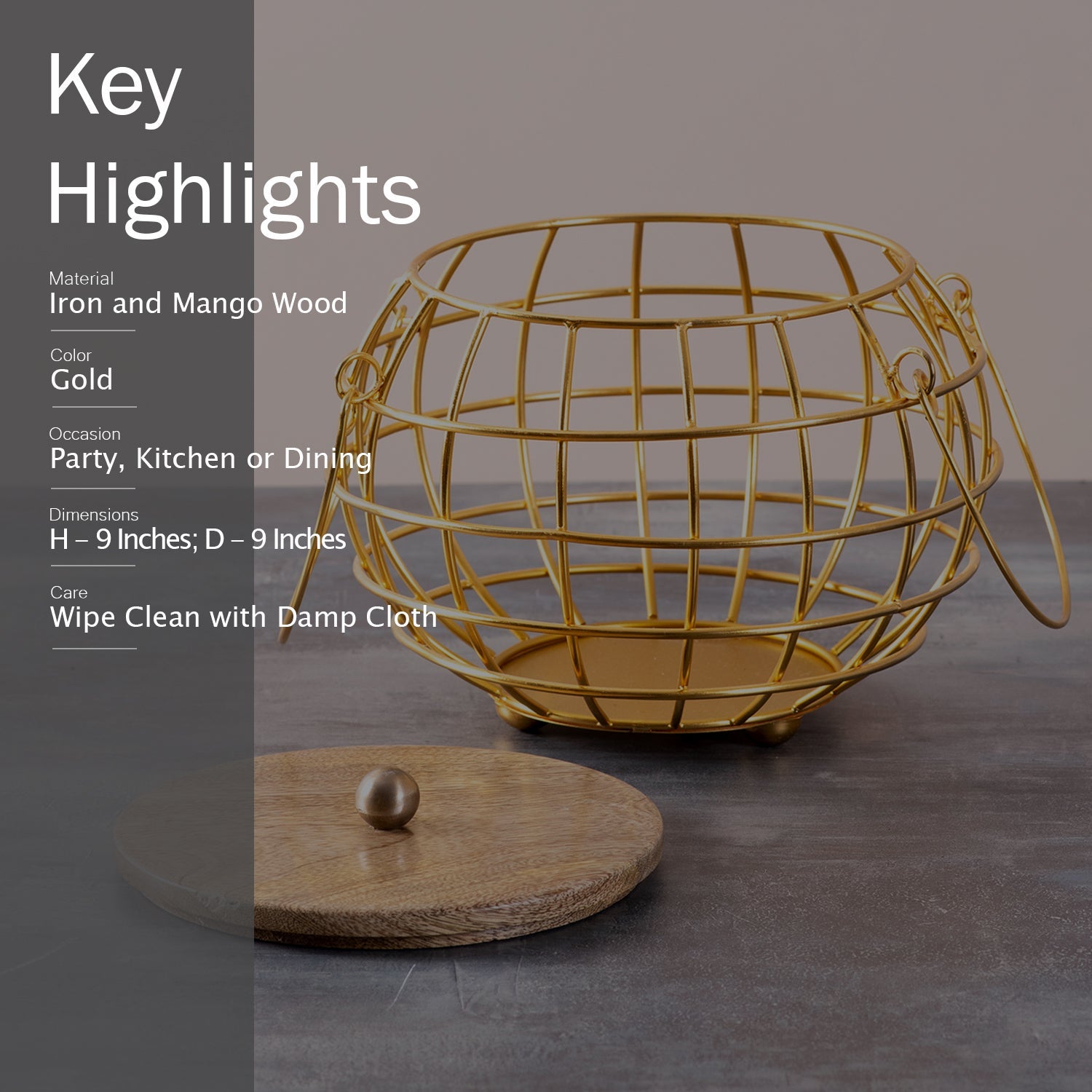 Cache wire basket with lid in Gold Color