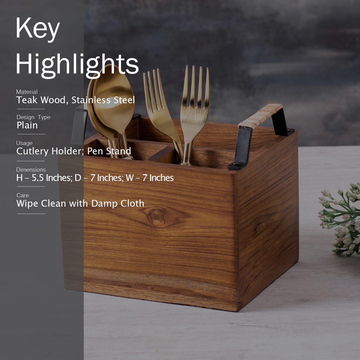 Inseparables Teak Wood Cutlery Holder - Black with Cane