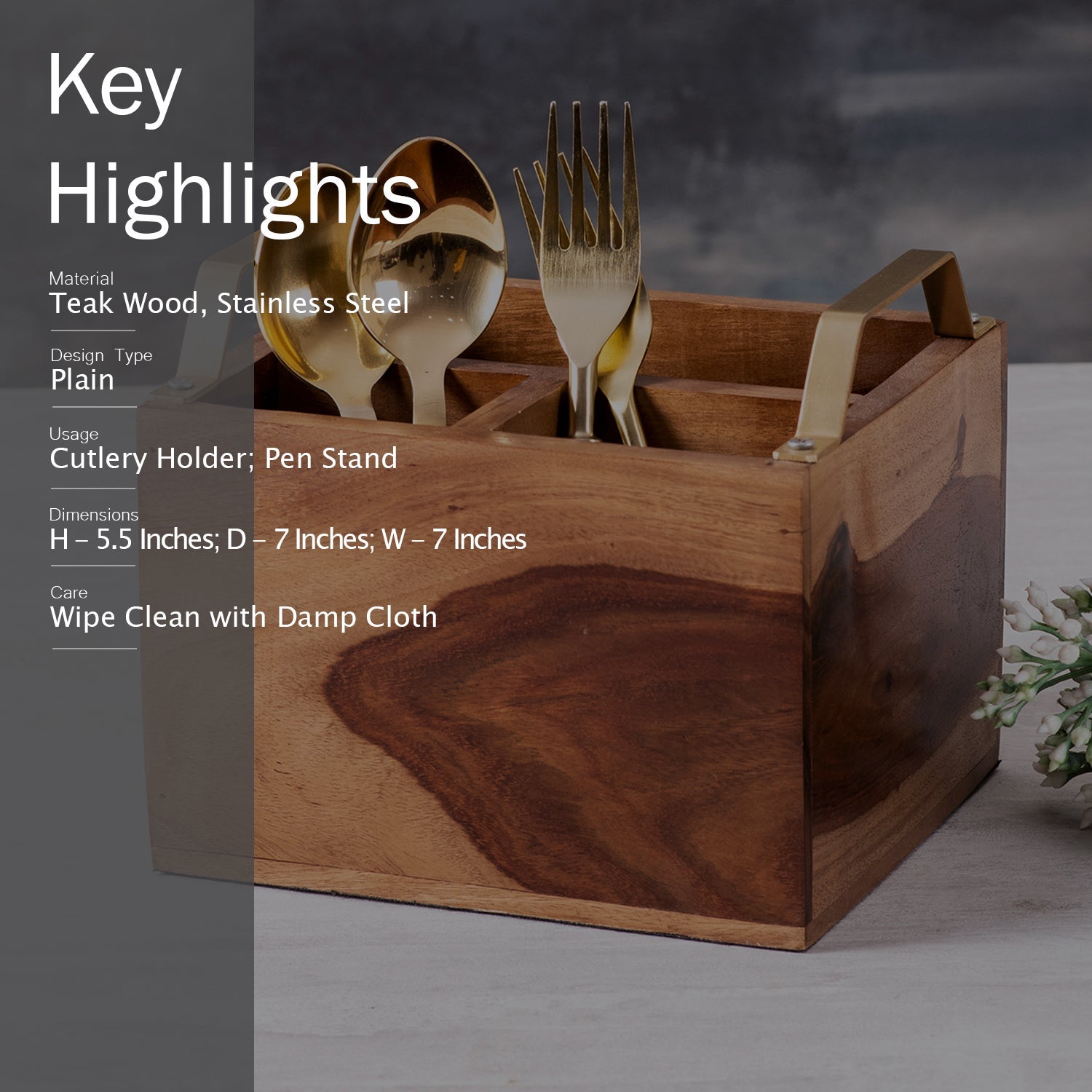 Inseparables Teak Wood Cutlery Holder - Gold