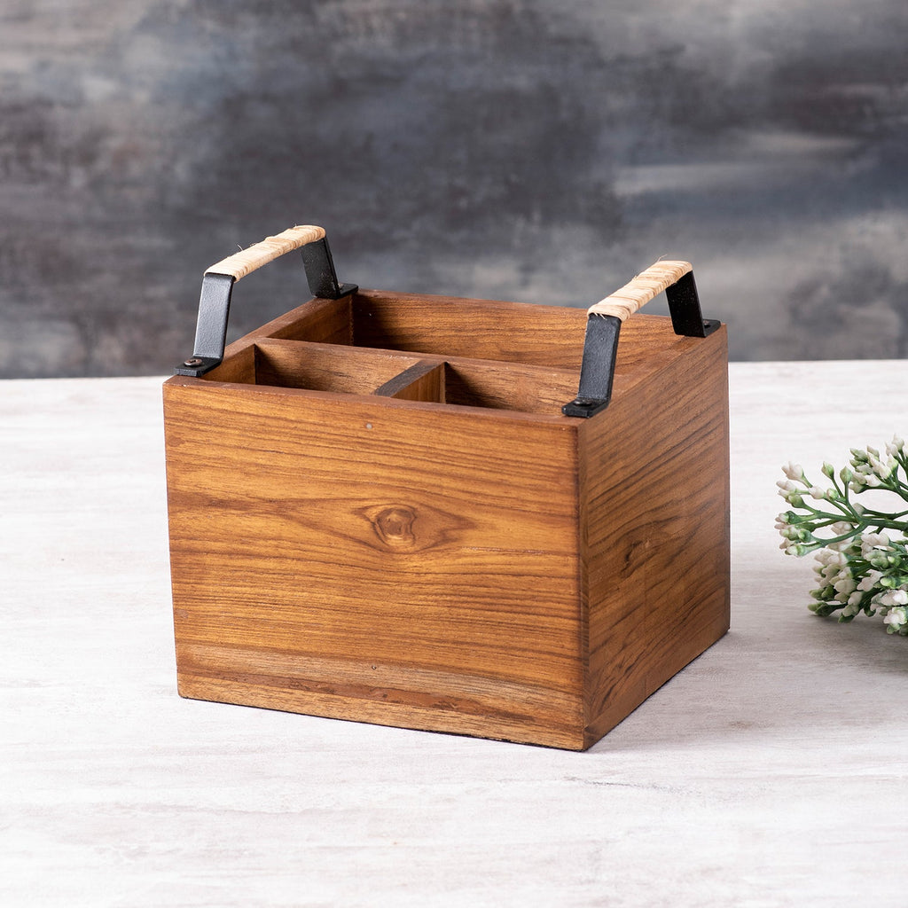 Inseparables Teak Wood Cutlery Holder - Black with Cane