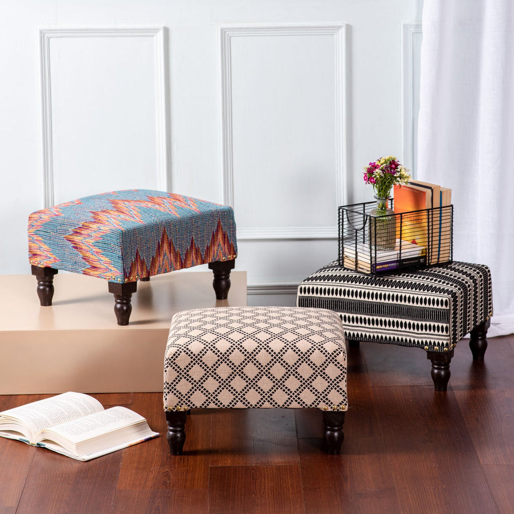 Crest Jacquard Wooden Footrests in Blue Color