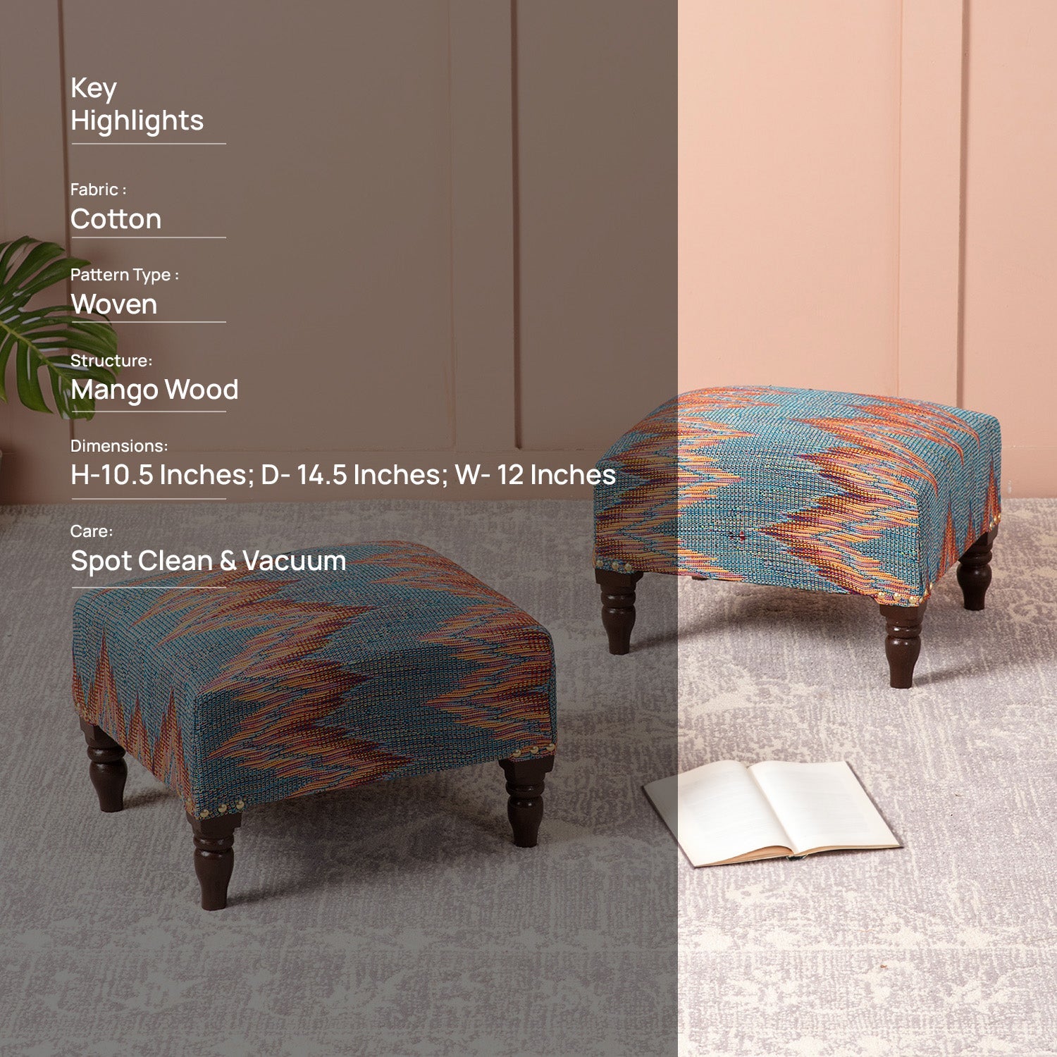 Crest Jacquard Wooden Footrests in Blue Color Set of 2