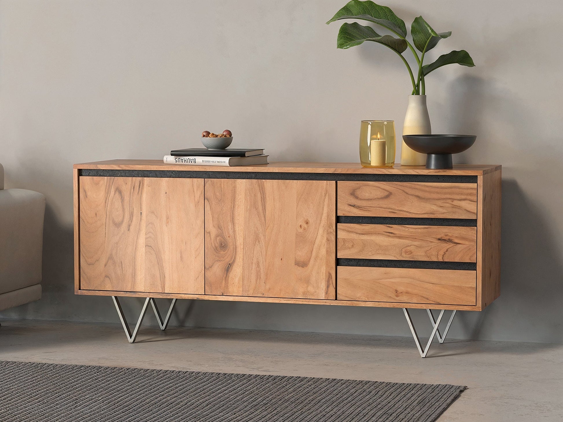 Sideboard, solid acacia wood and steel, 2 doors and 3 drawers