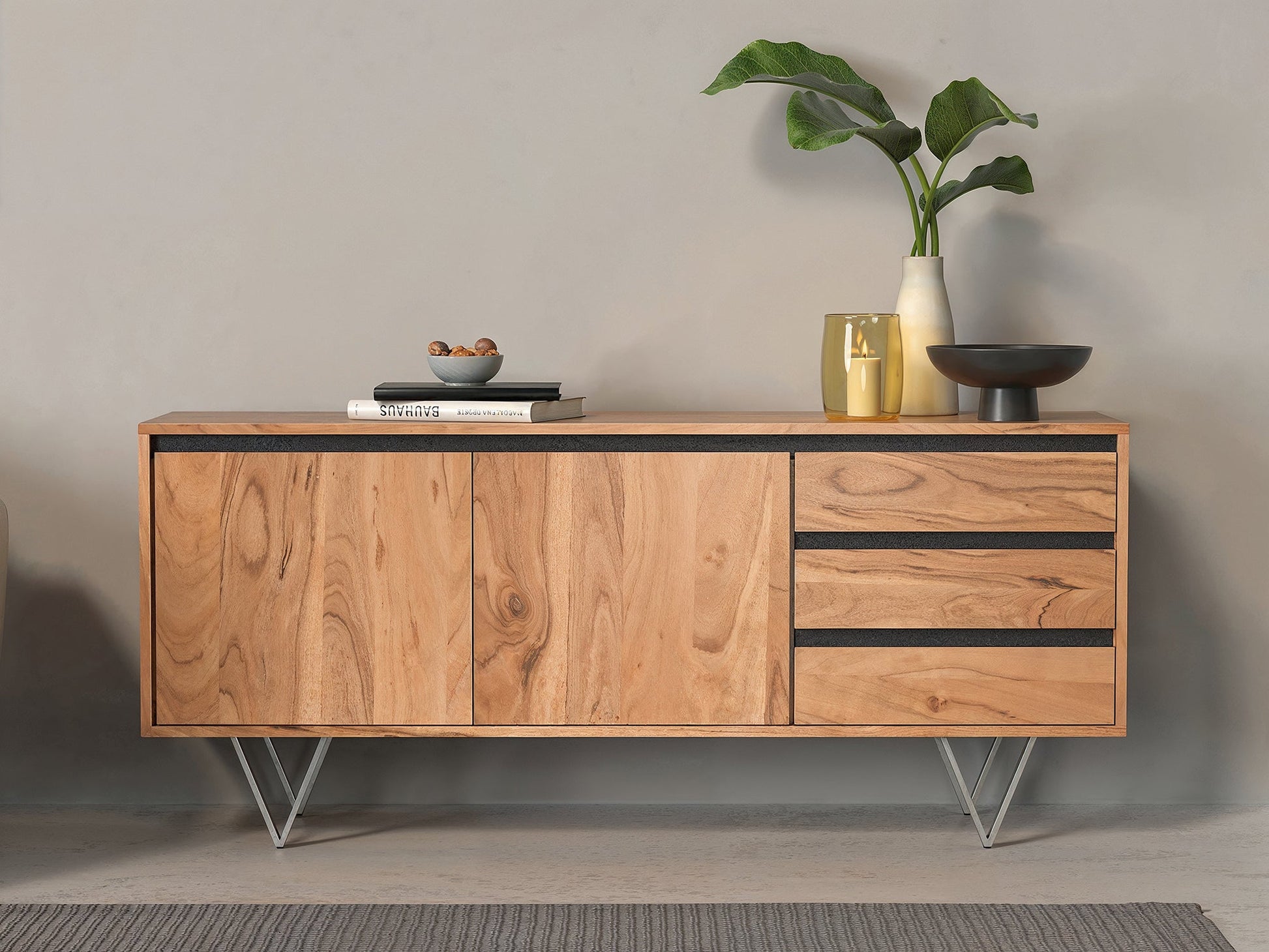 Sideboard, solid acacia wood and steel, 2 doors and 3 drawers