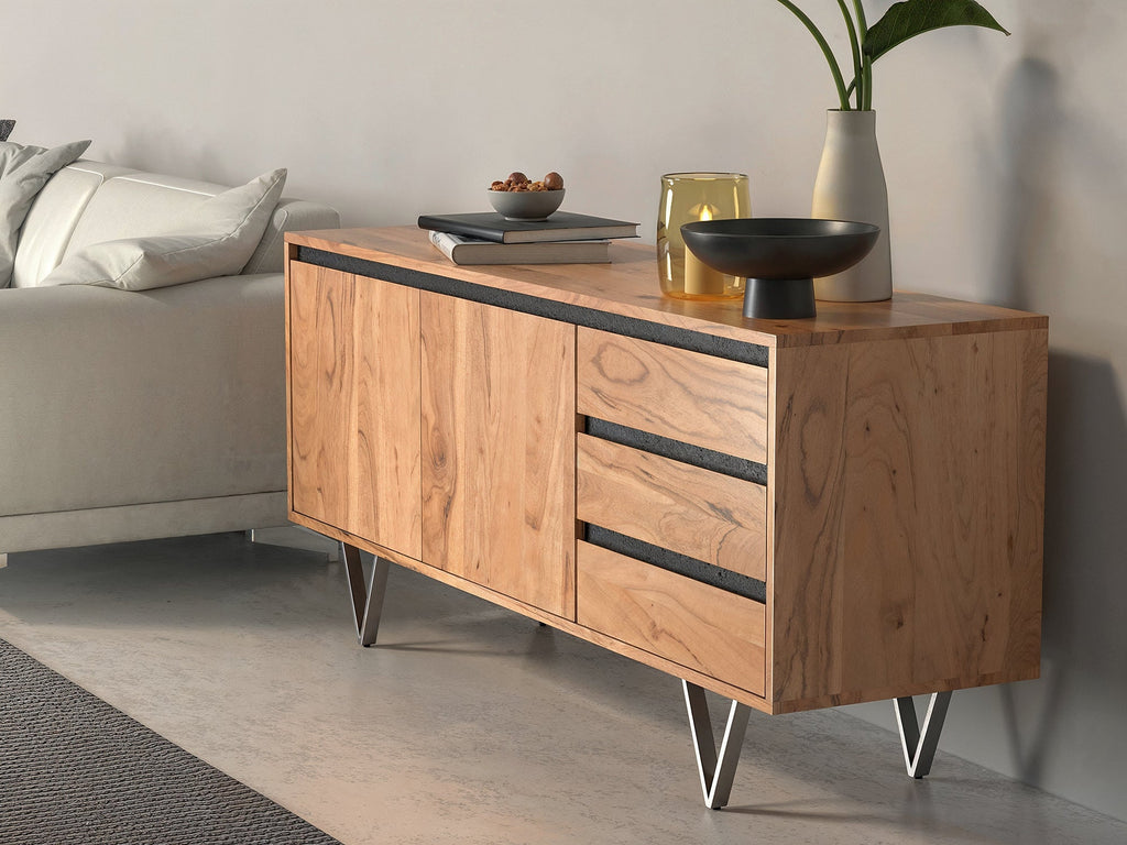 Sideboard, solid acacia wood and steel, 2 doors and 3 drawers