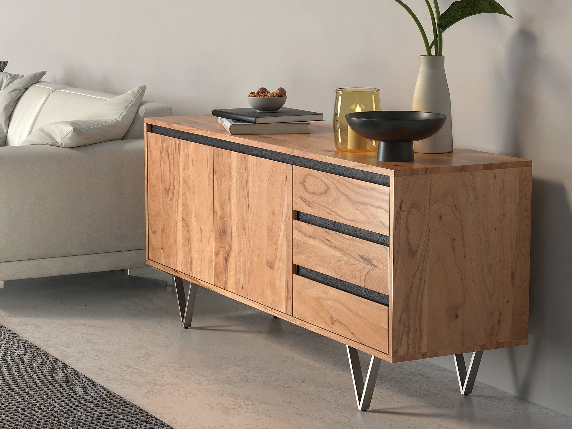 Sideboard, solid acacia wood and steel, 2 doors and 3 drawers