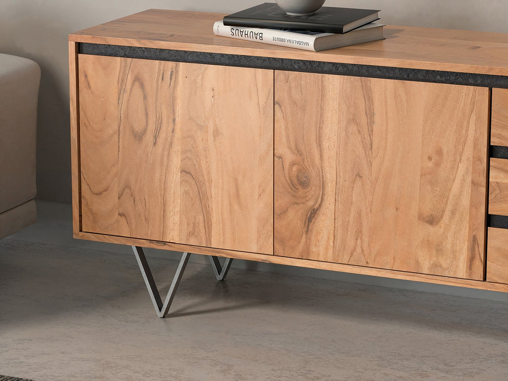 Sideboard, solid acacia wood and steel, 2 doors and 3 drawers