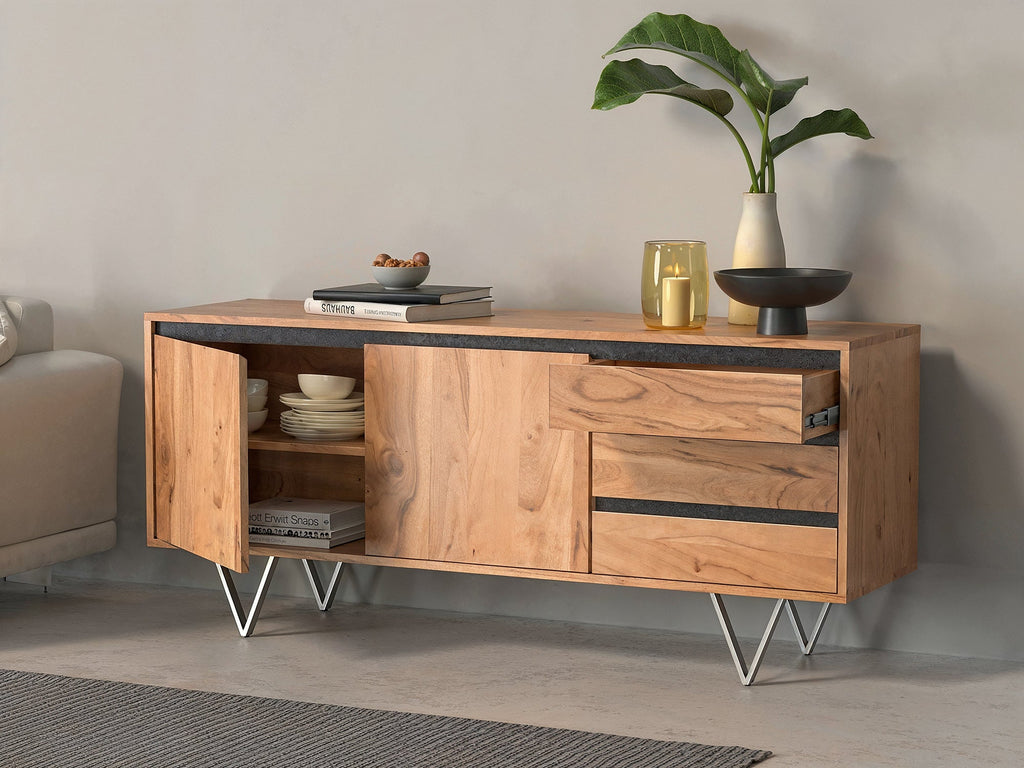 Sideboard, solid acacia wood and steel, 2 doors and 3 drawers