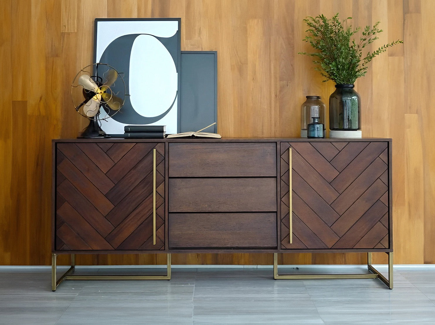 Sideboard, solid mango wood and steel, 3 drawers and 2 doors