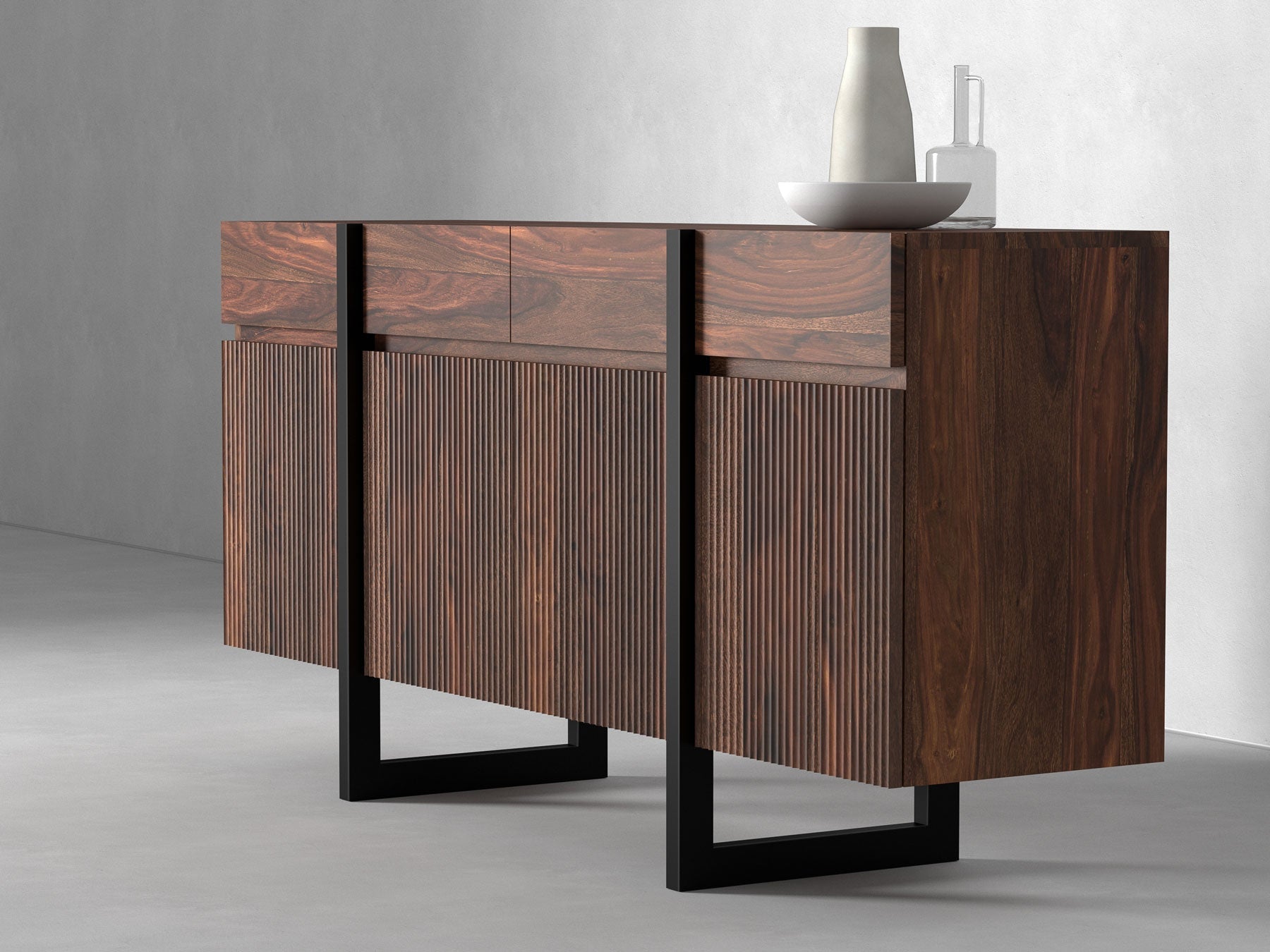 Sideboard, solid sheesham wood and steel, 4 doors and 4 drawers