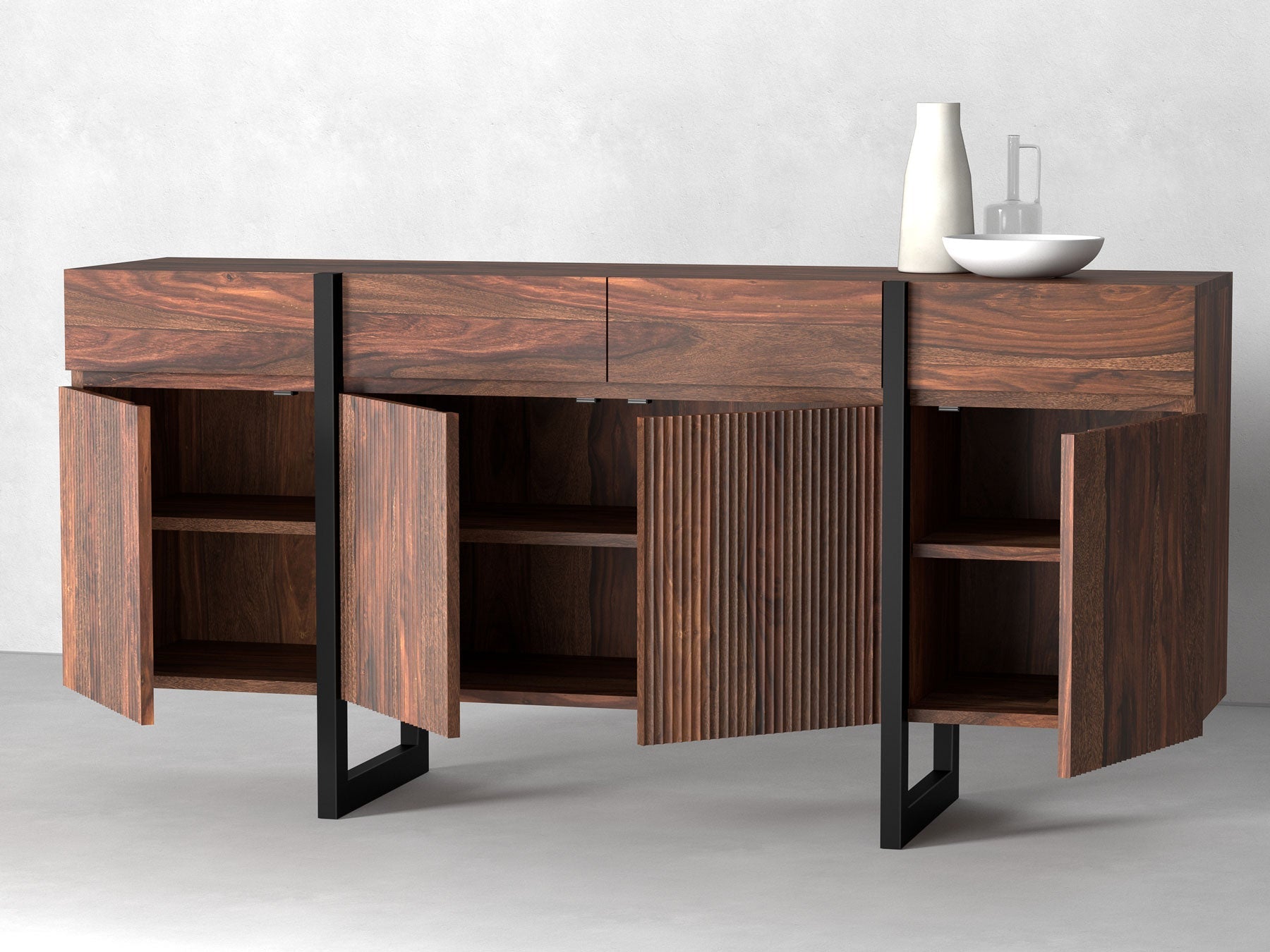 Sideboard, solid sheesham wood and steel, 4 doors and 4 drawers