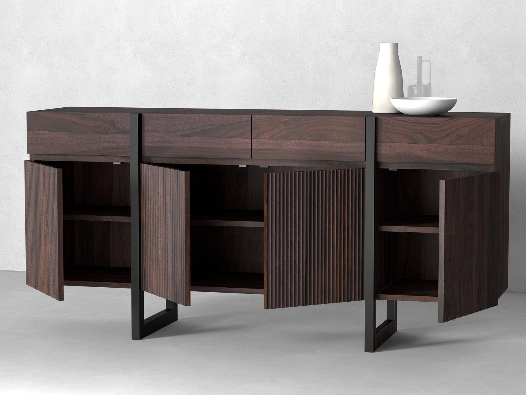 Sideboard, solid sheesham wood and steel, 4 doors and 4 drawers