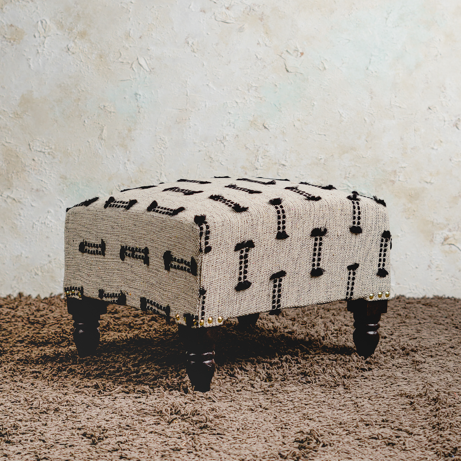 Bohemian Jacquard Wooden Footrests in Black & Off White Color