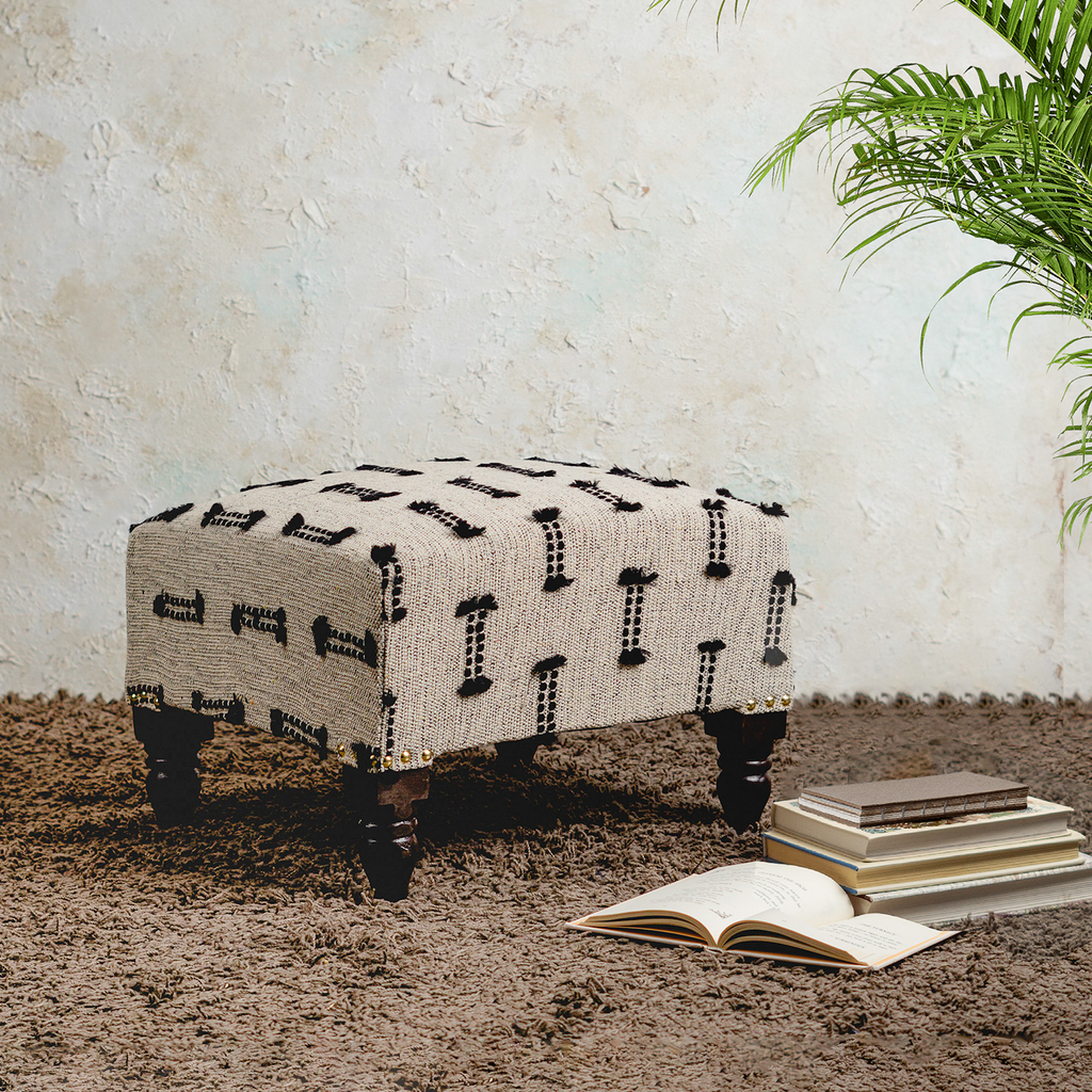 Bohemian Jacquard Wooden Footrests in Black & Off White Color Set of 2