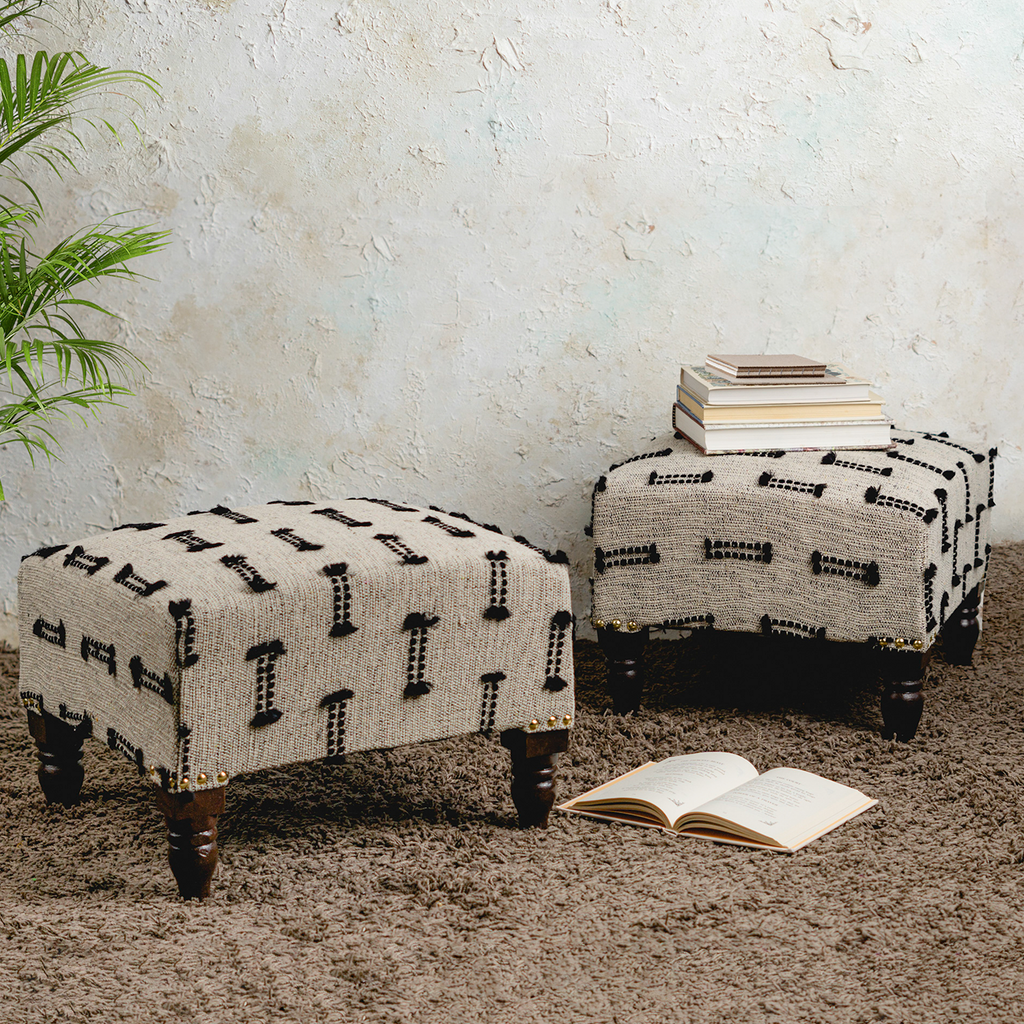 Bohemian Jacquard Wooden Footrests in Black & Off White Color Set of 2