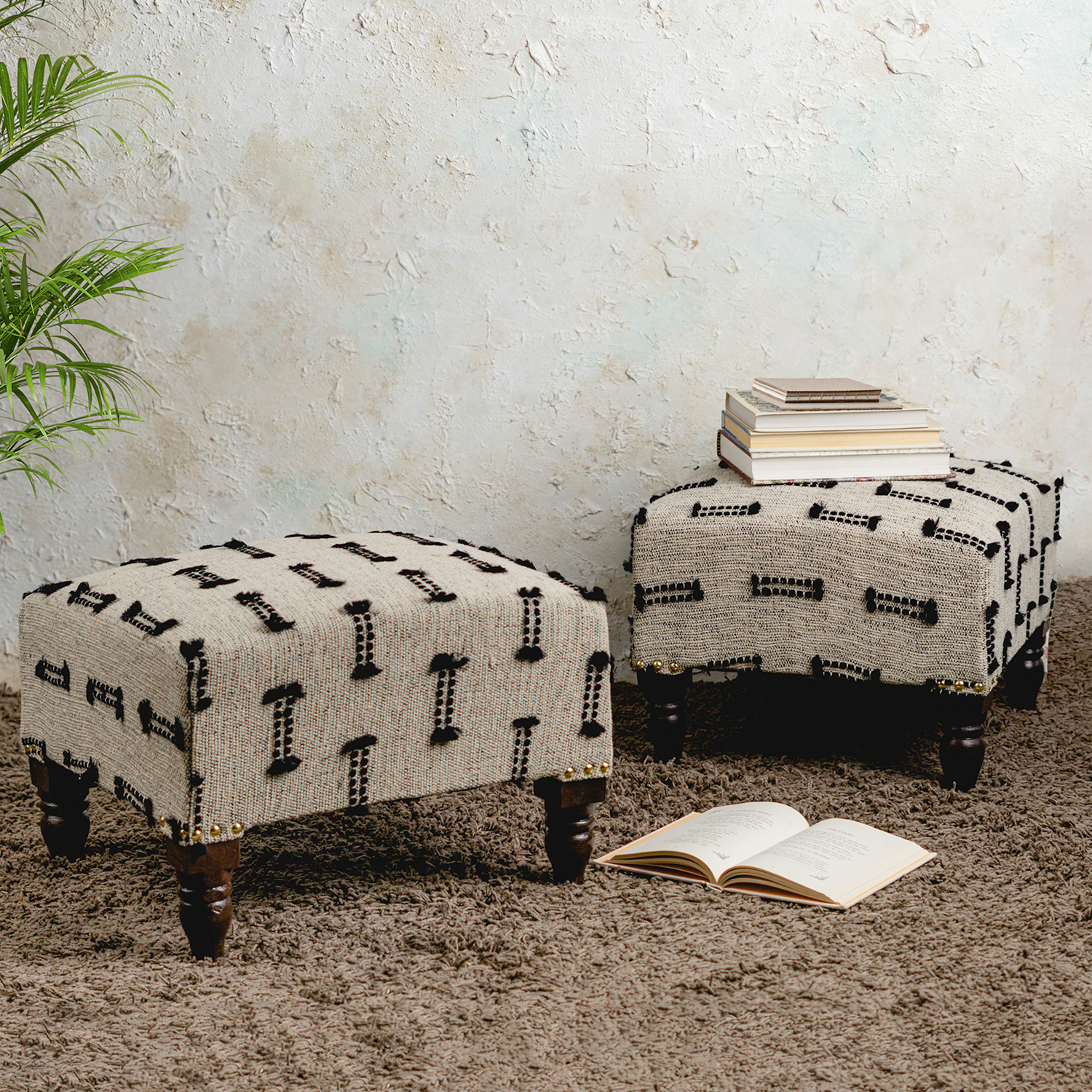 Bohemian Jacquard Wooden Footrests in Black & Off White Color Set of 2