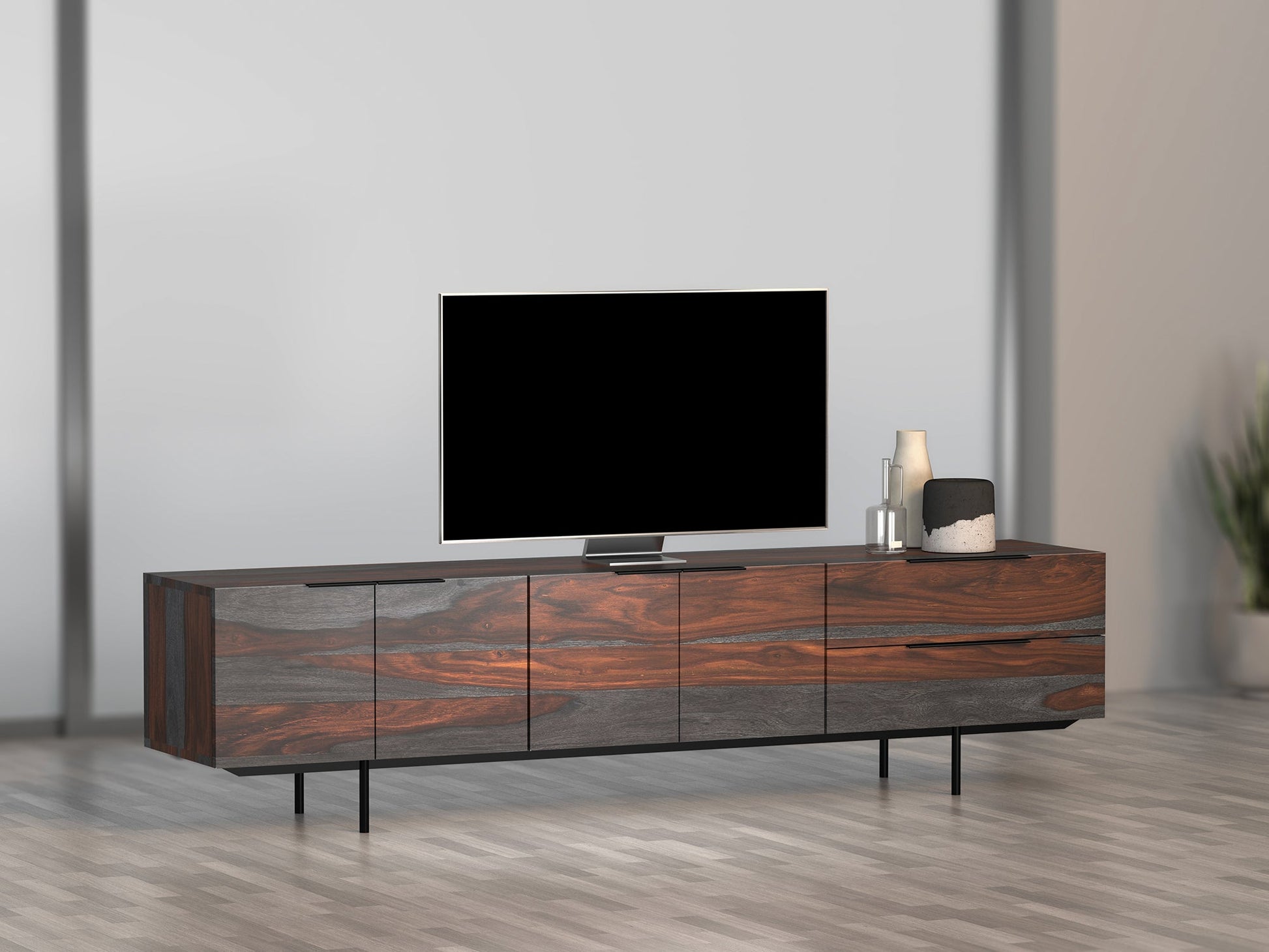 TV unit, solid sheesham wood and steel, 4 doors and 2 drawers