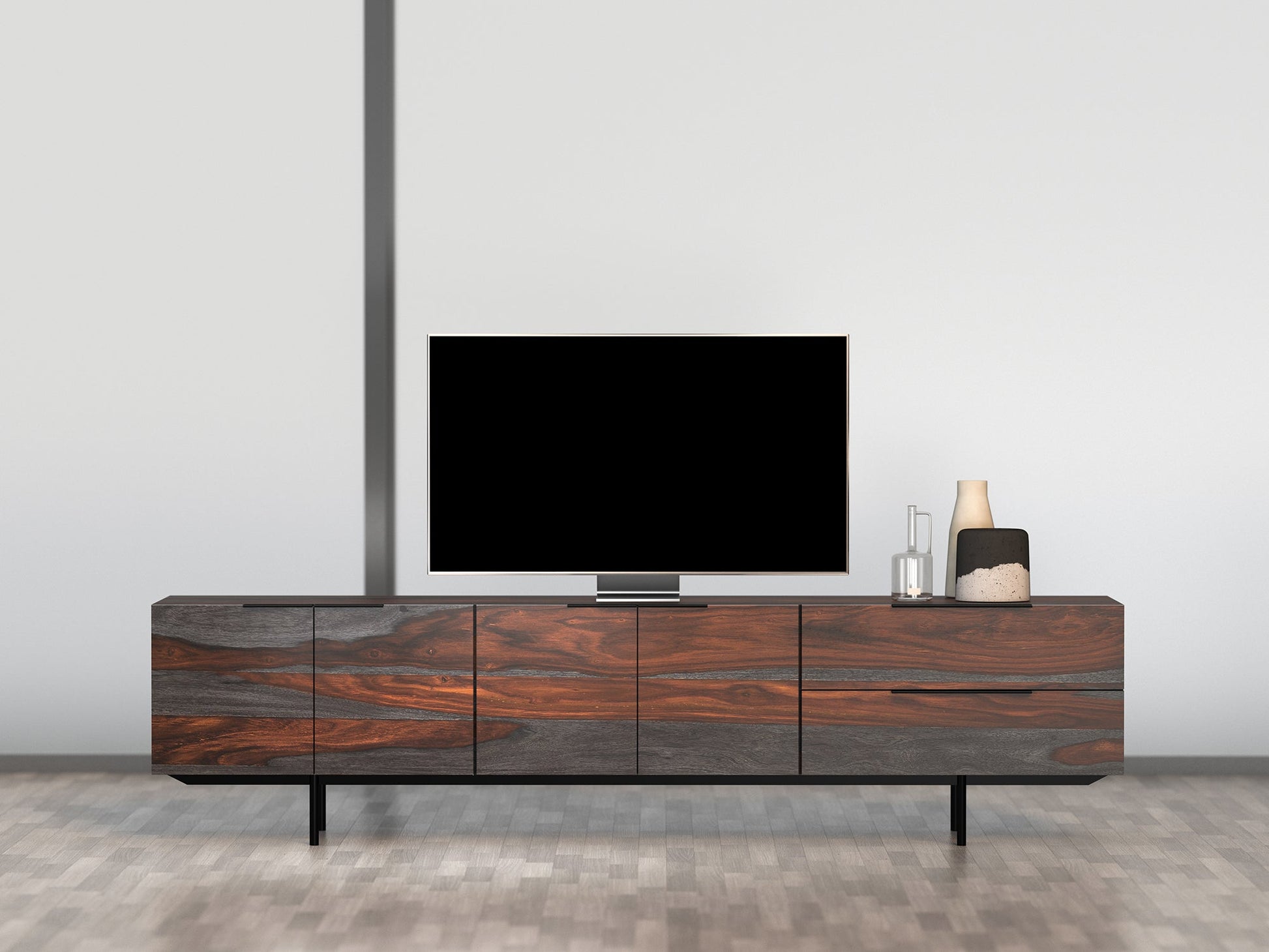 TV unit, solid sheesham wood and steel, 4 doors and 2 drawers