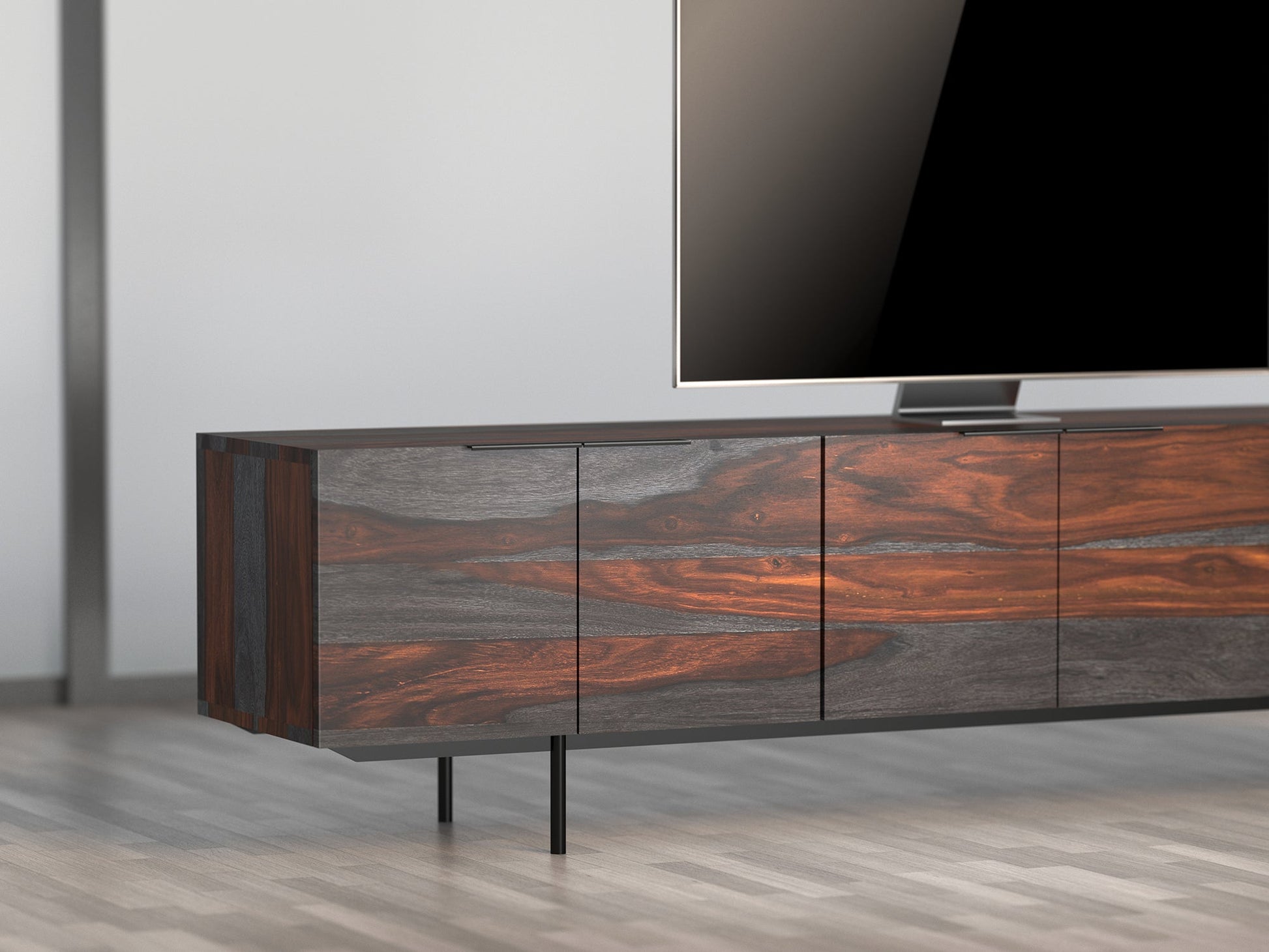 TV unit, solid sheesham wood and steel, 4 doors and 2 drawers