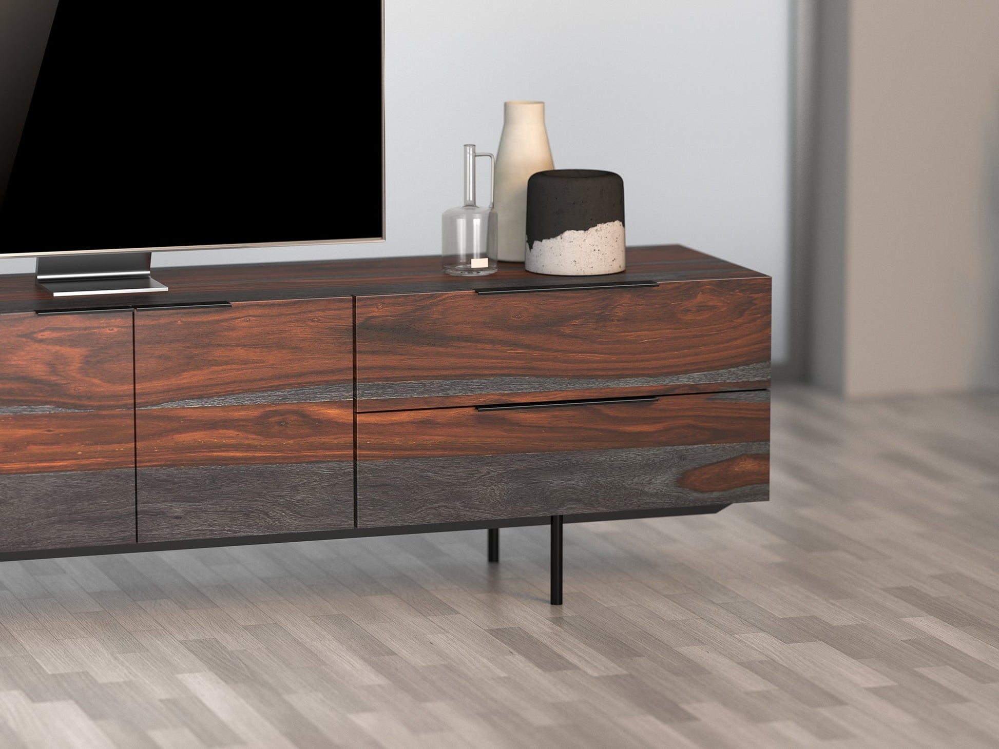 TV unit, solid sheesham wood and steel, 4 doors and 2 drawers