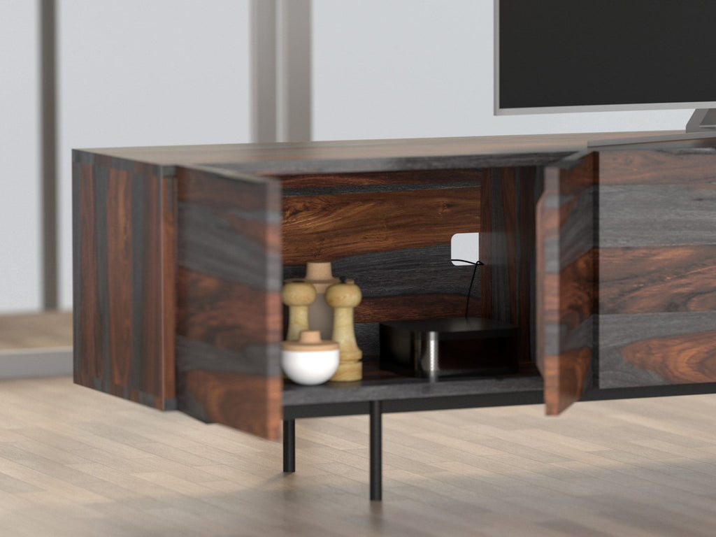 TV unit, solid sheesham wood and steel, 4 doors and 2 drawers