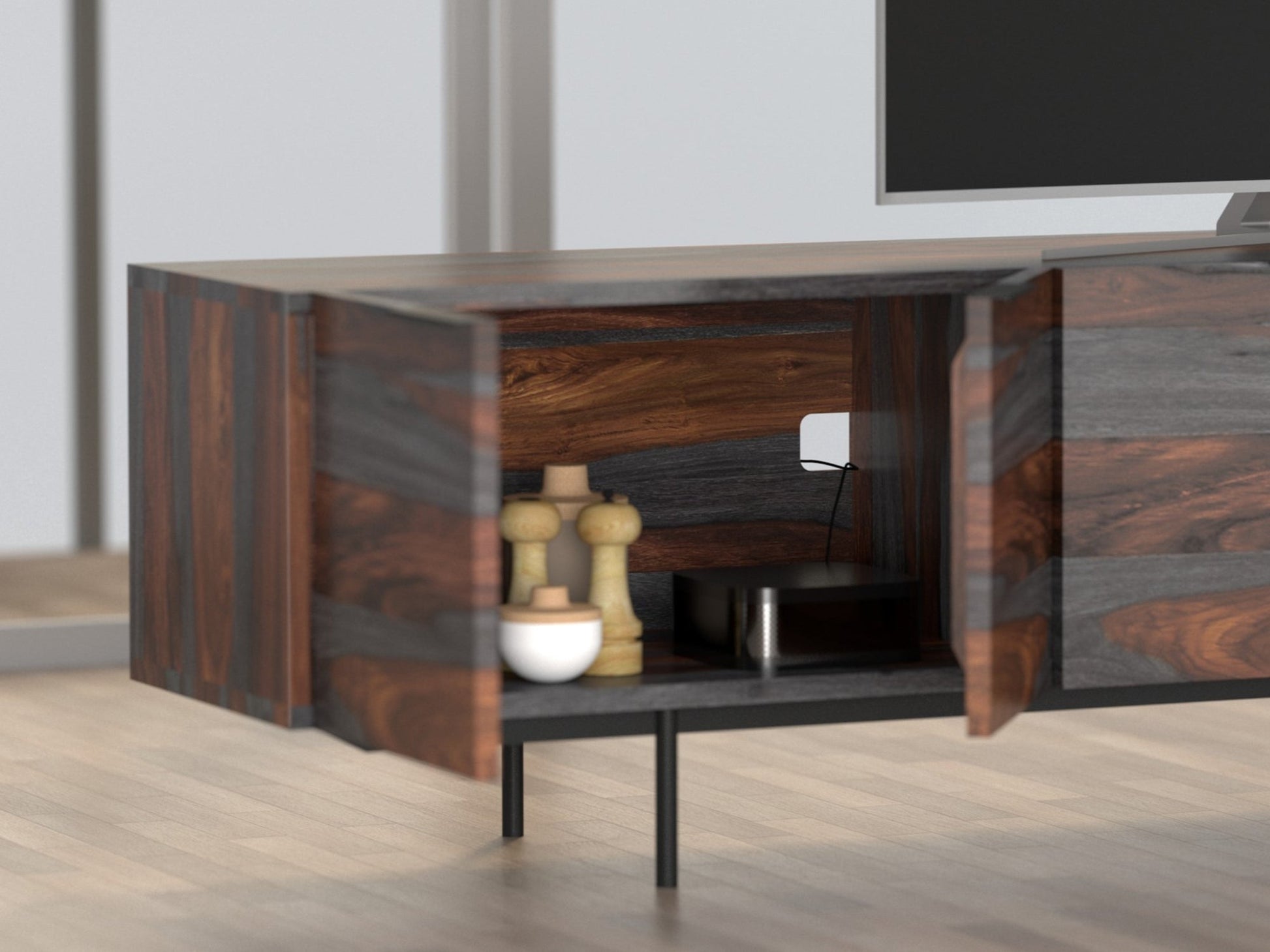 TV unit, solid sheesham wood and steel, 4 doors and 2 drawers