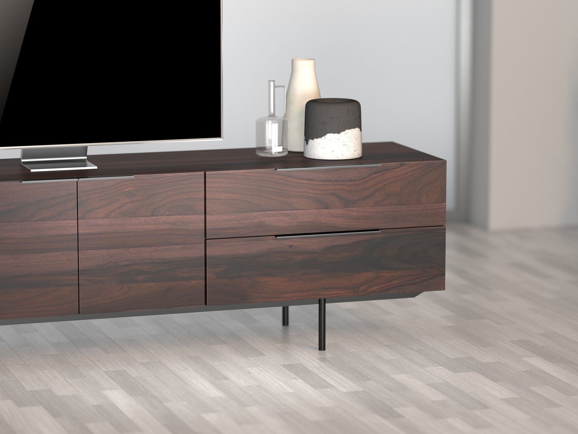 TV unit, solid sheesham wood and steel, 4 doors and 2 drawers