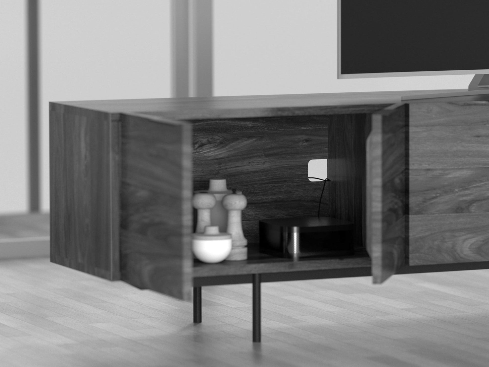 TV unit, solid sheesham wood and steel, 4 doors and 2 drawers