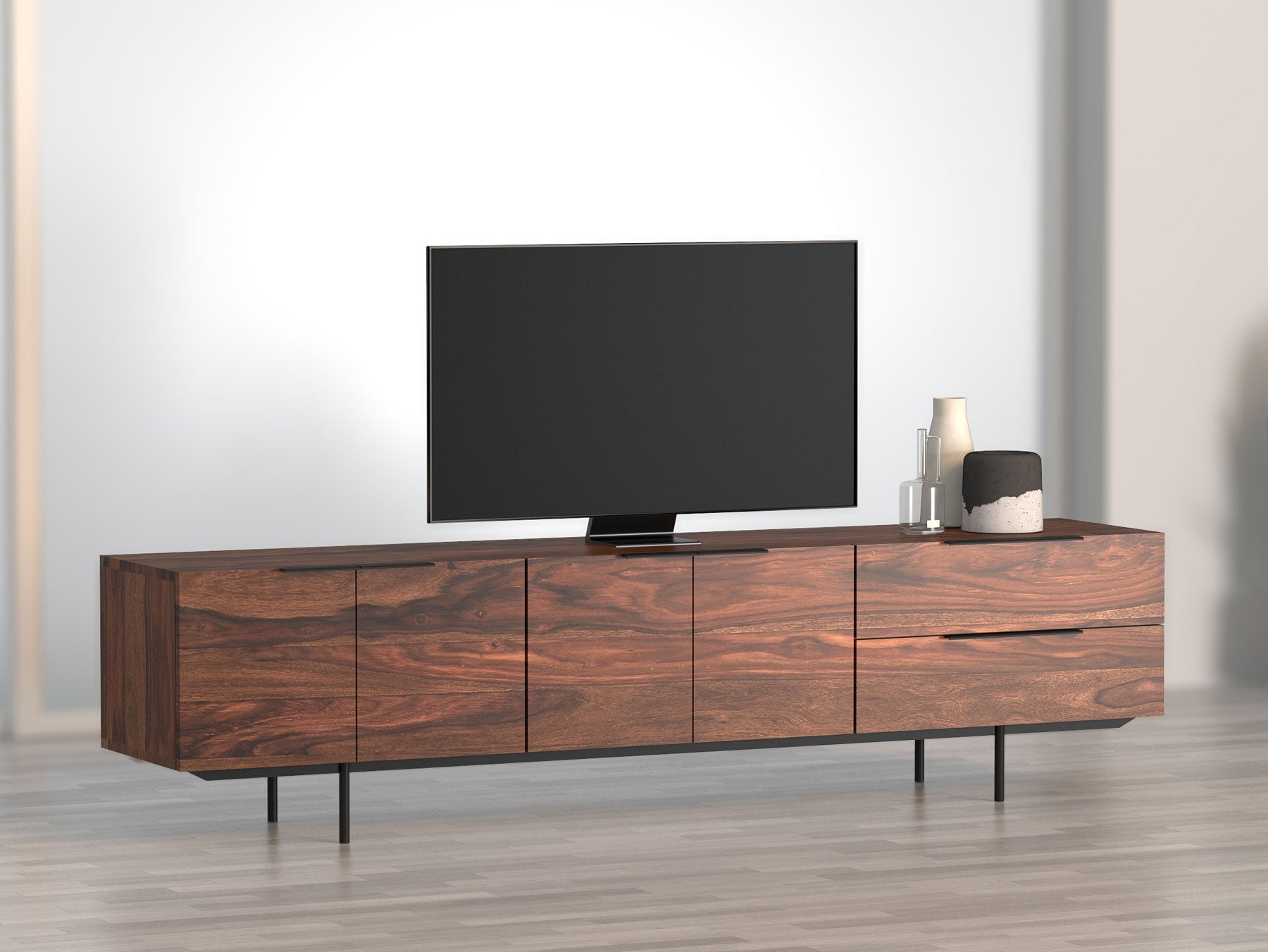 TV unit, solid sheesham wood and steel, 4 doors and 2 drawers