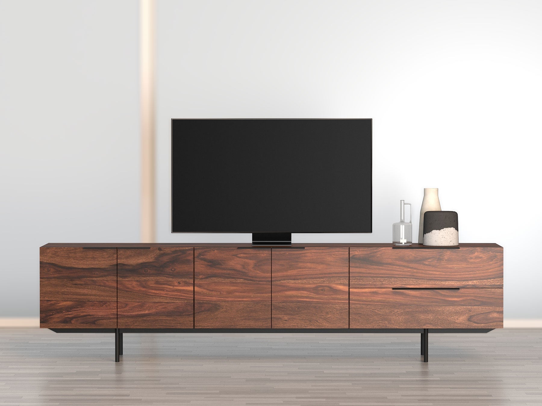 TV unit, solid sheesham wood and steel, 4 doors and 2 drawers