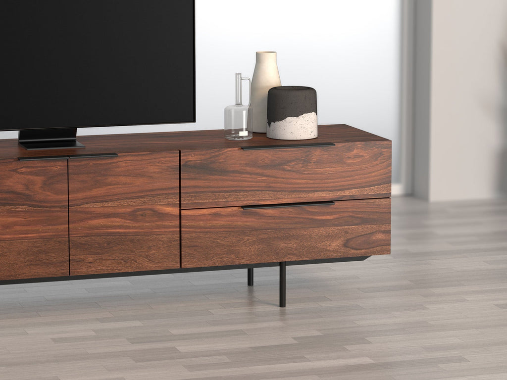 TV unit, solid sheesham wood and steel, 4 doors and 2 drawers