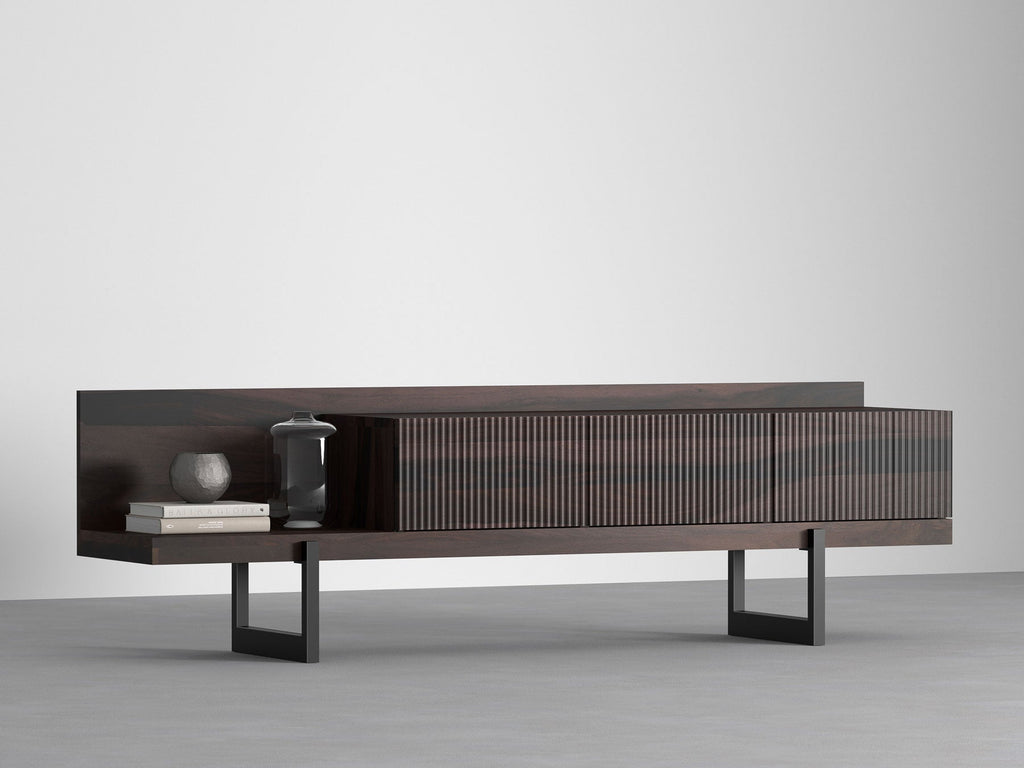 TV unit, solid sheesham wood and steel, 3 drawers