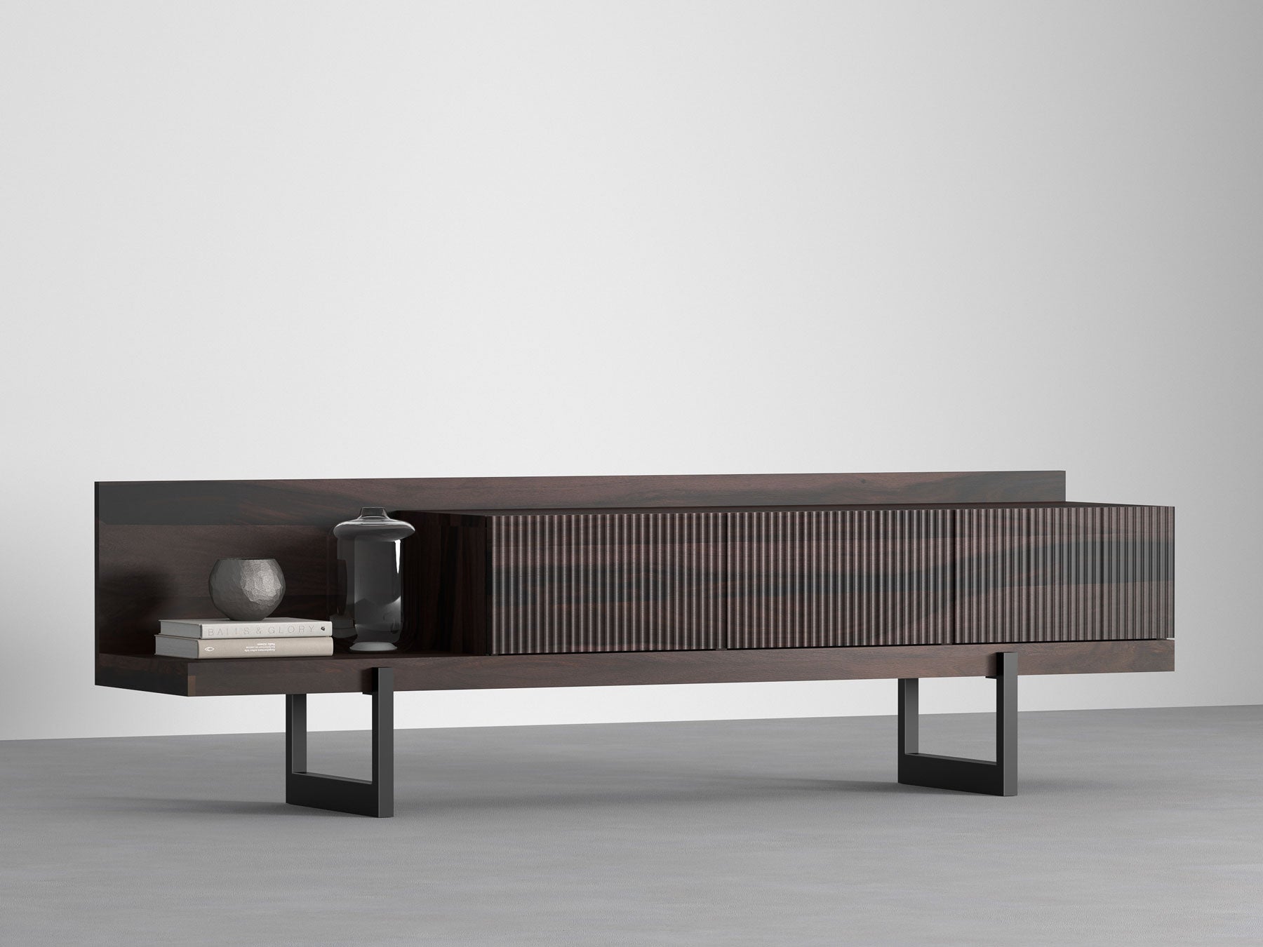 TV unit, solid sheesham wood and steel, 3 drawers