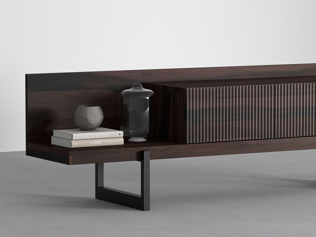 TV unit, solid sheesham wood and steel, 3 drawers