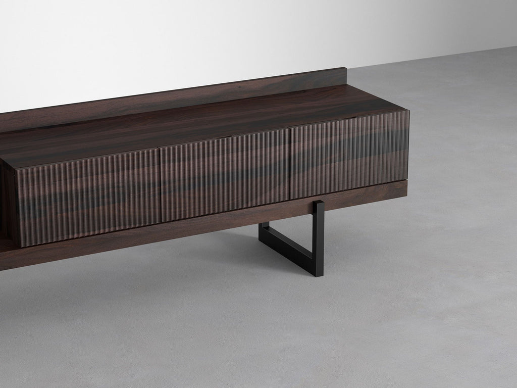 TV unit, solid sheesham wood and steel, 3 drawers