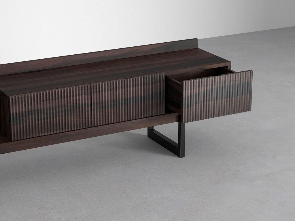 TV unit, solid sheesham wood and steel, 3 drawers