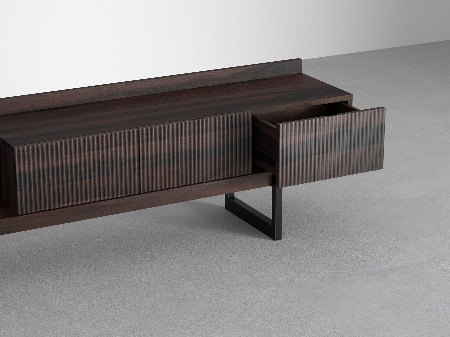 TV unit, solid sheesham wood and steel, 3 drawers