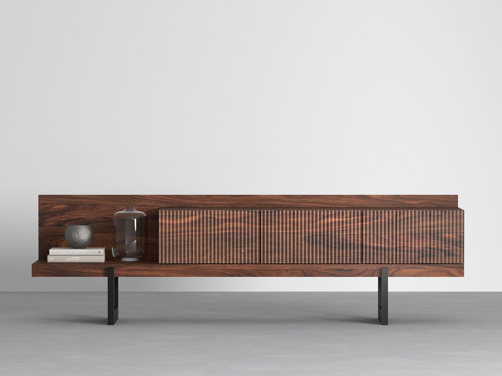 TV unit, solid sheesham wood and steel, 3 drawers