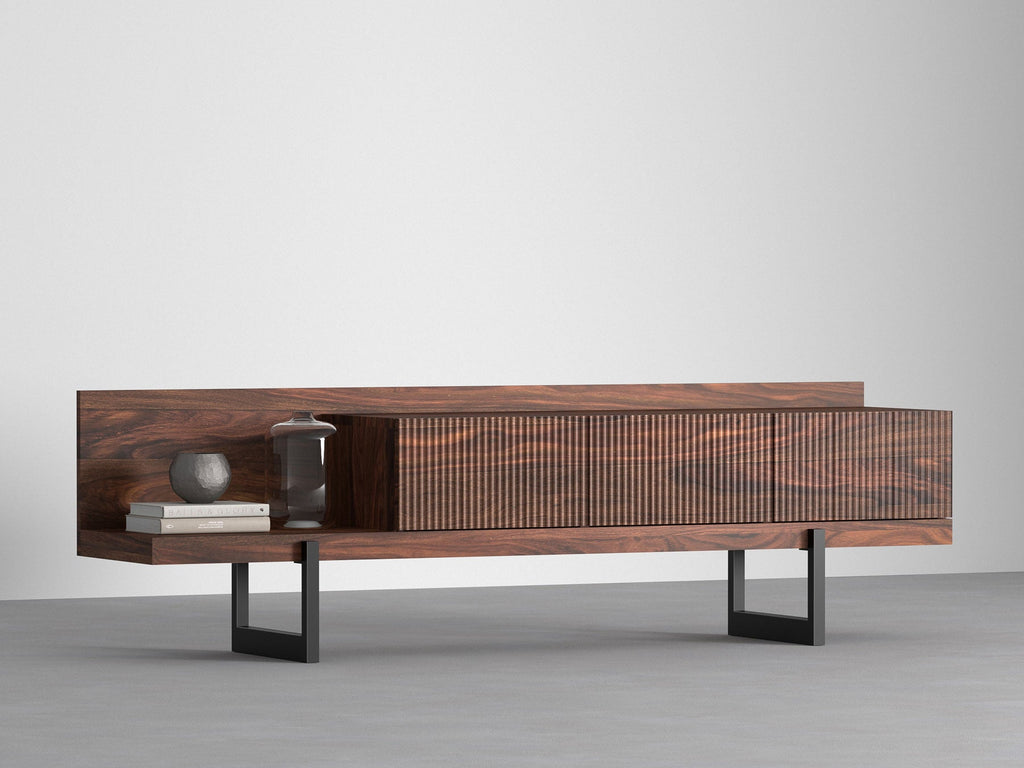 TV unit, solid sheesham wood and steel, 3 drawers