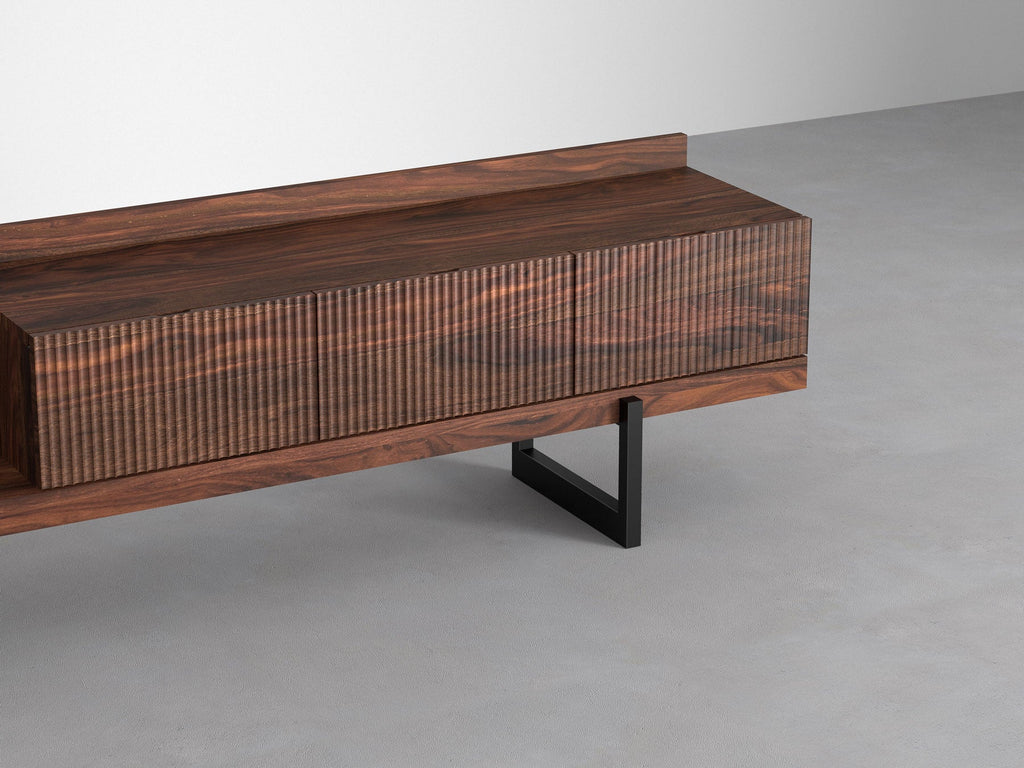 TV unit, solid sheesham wood and steel, 3 drawers