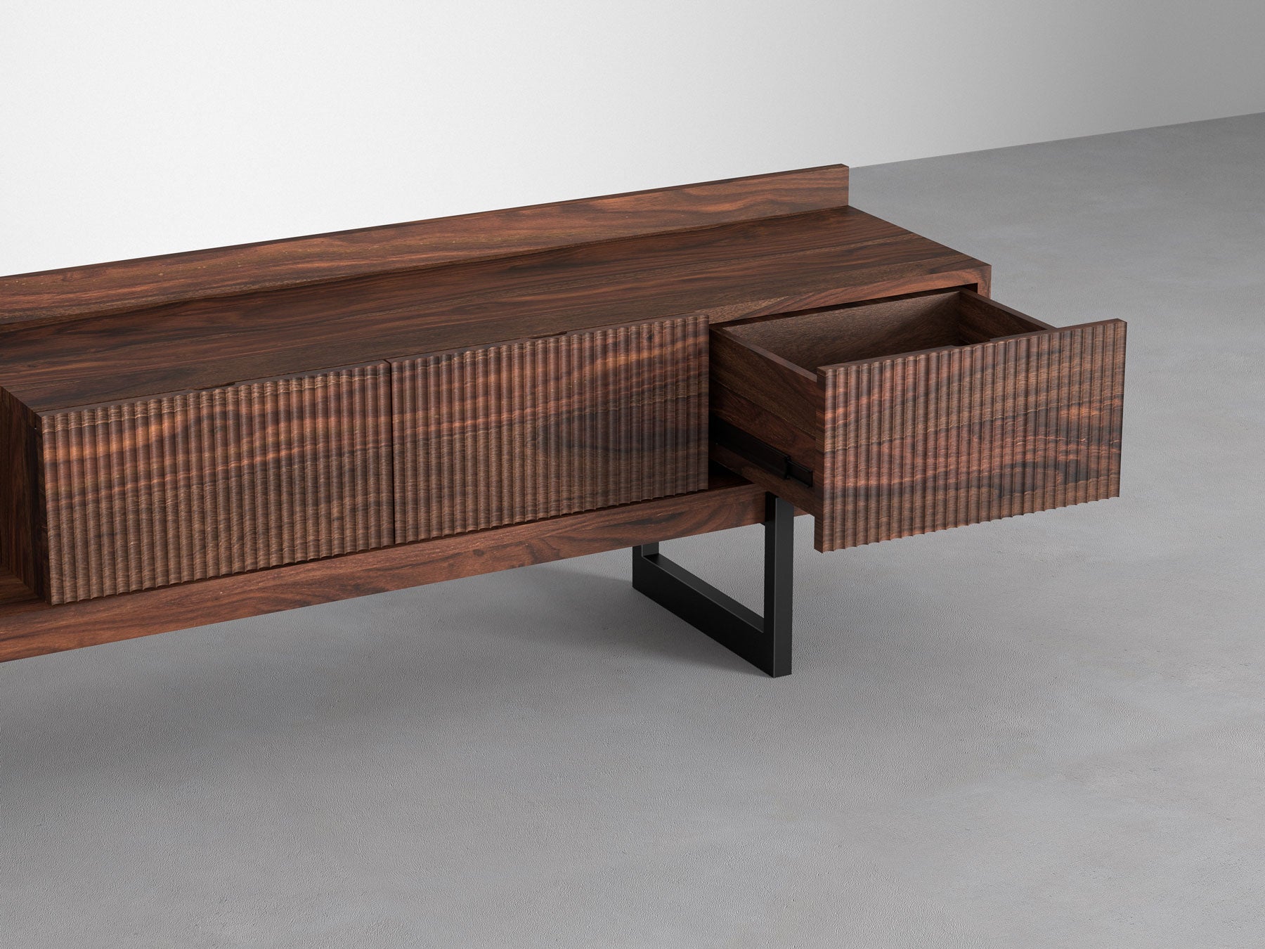 TV unit, solid sheesham wood and steel, 3 drawers