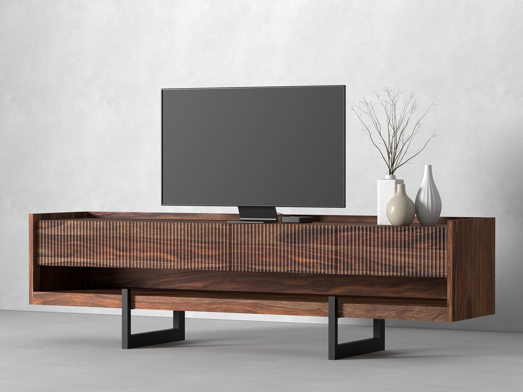 TV unit, solid sheesham wood and steel, 4 drawers