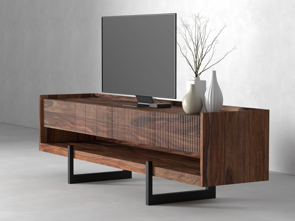 TV unit, solid sheesham wood and steel, 4 drawers