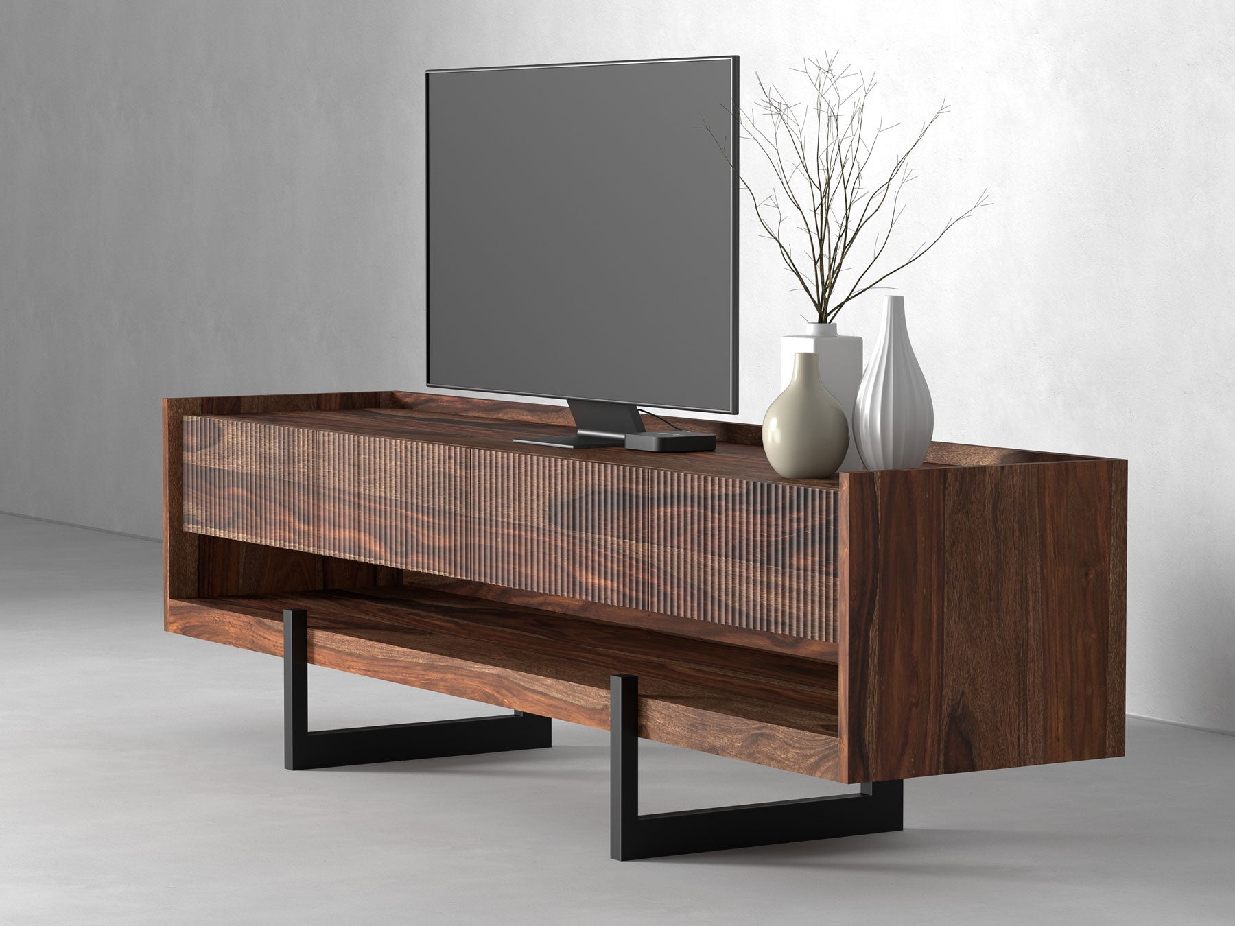 TV unit, solid sheesham wood and steel, 4 drawers